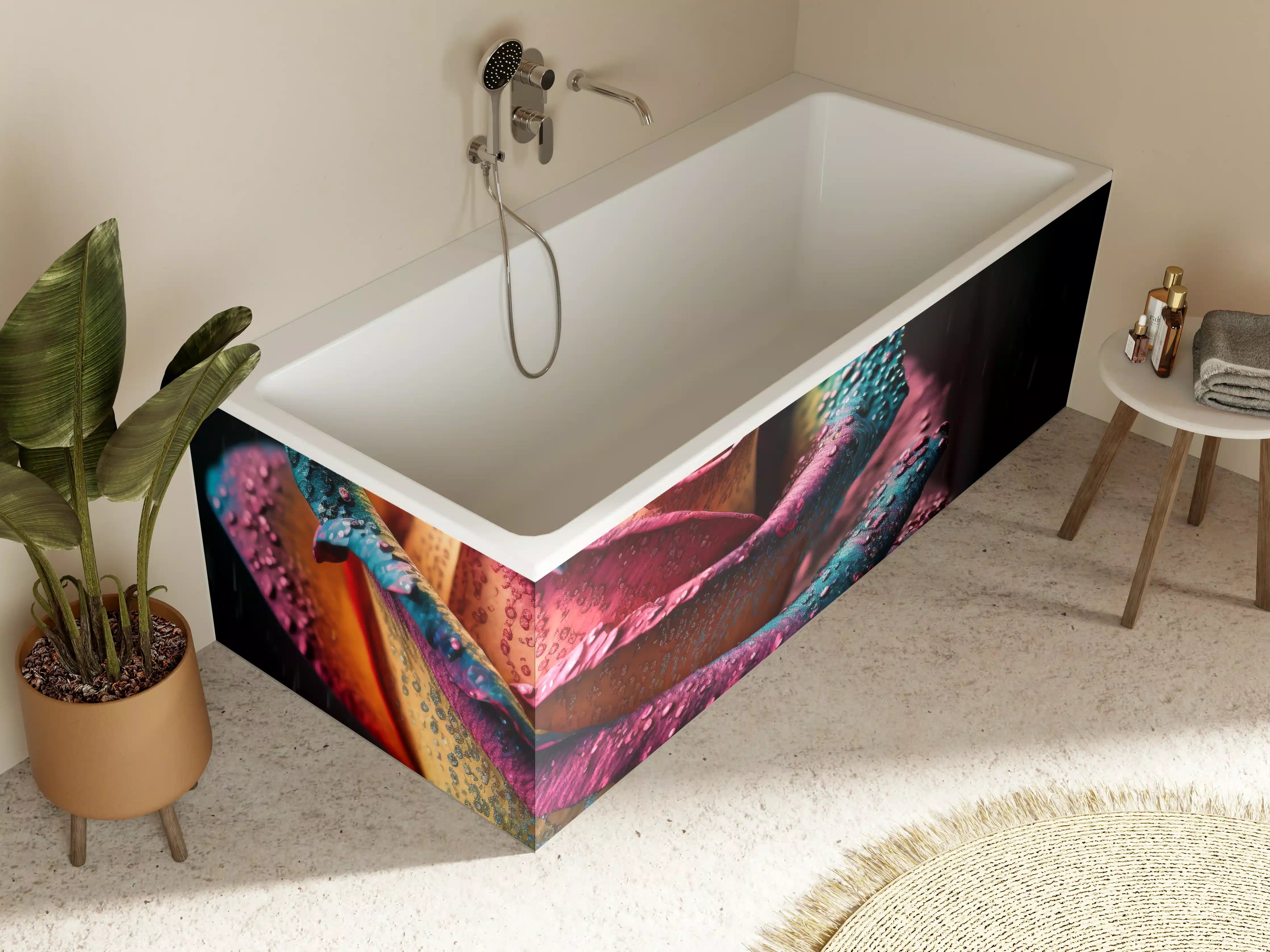 Badewannen-Rückwand - Bunte, Regentropfen-bedeckte Rose in dunklem Hintergrund