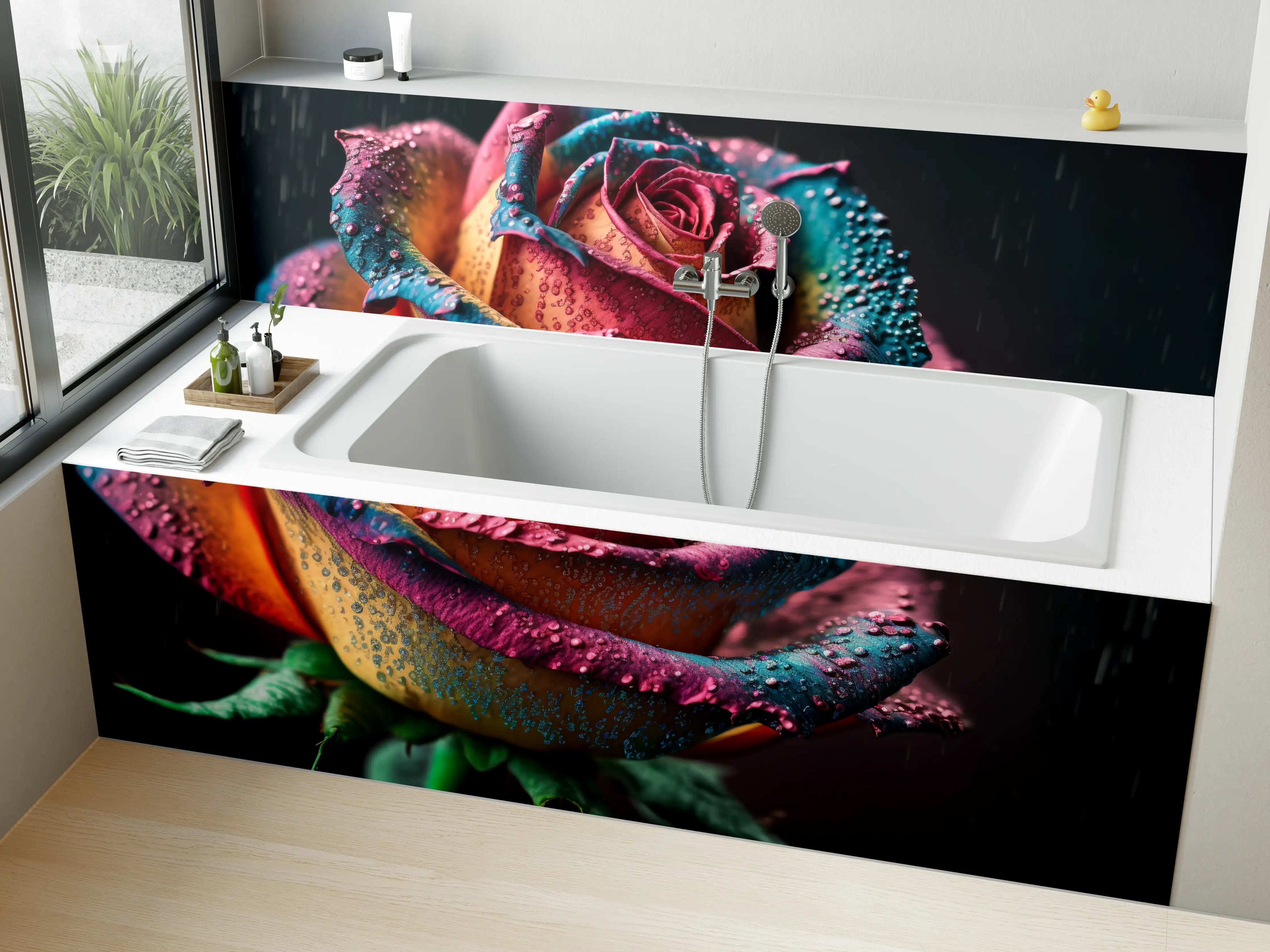 Badewannen-Rückwand - Bunte, Regentropfen-bedeckte Rose in dunklem Hintergrund