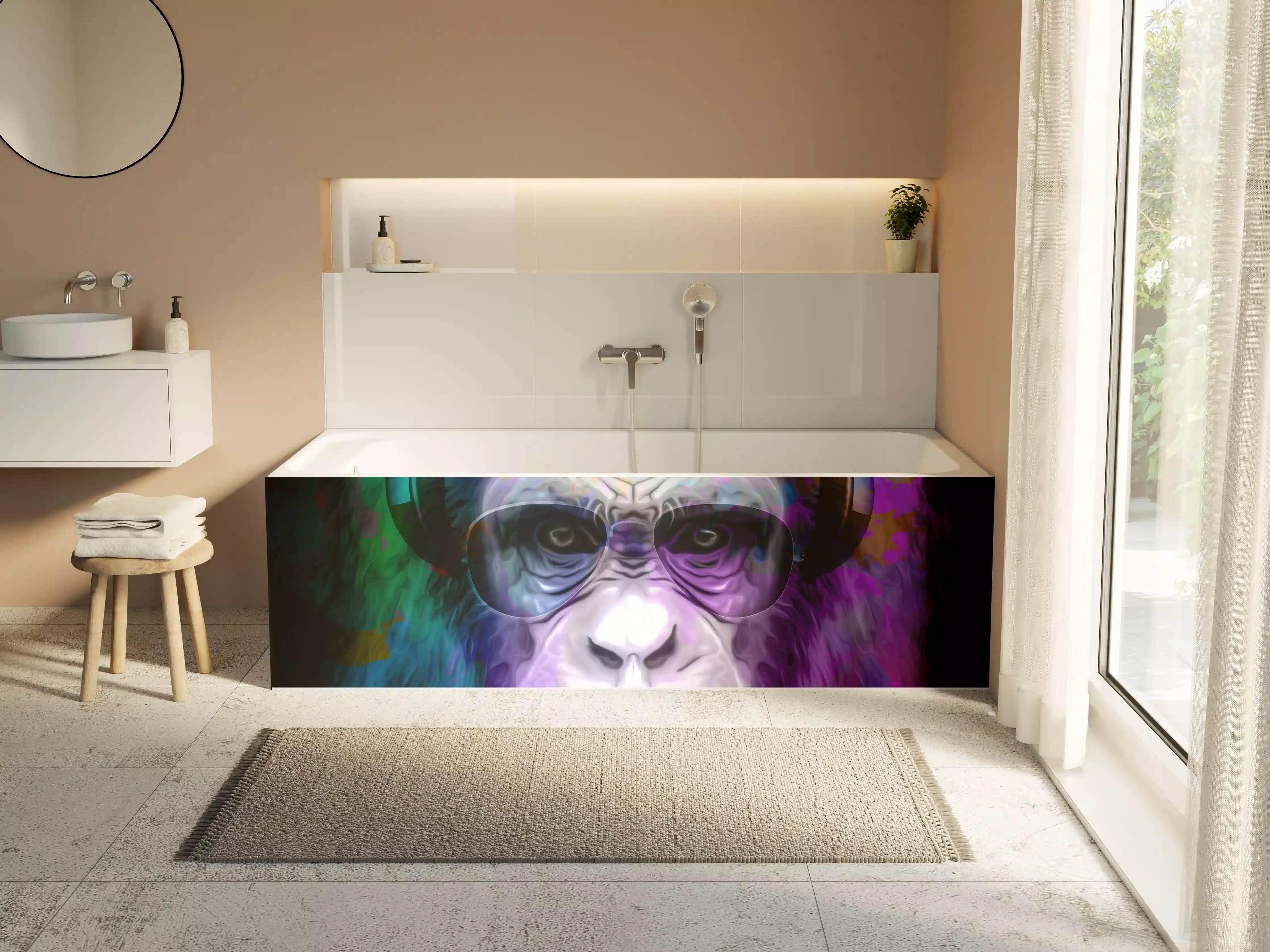 Badewannen-Rückwand - Bunter Affenkopf mit Brille und Kopfhörern