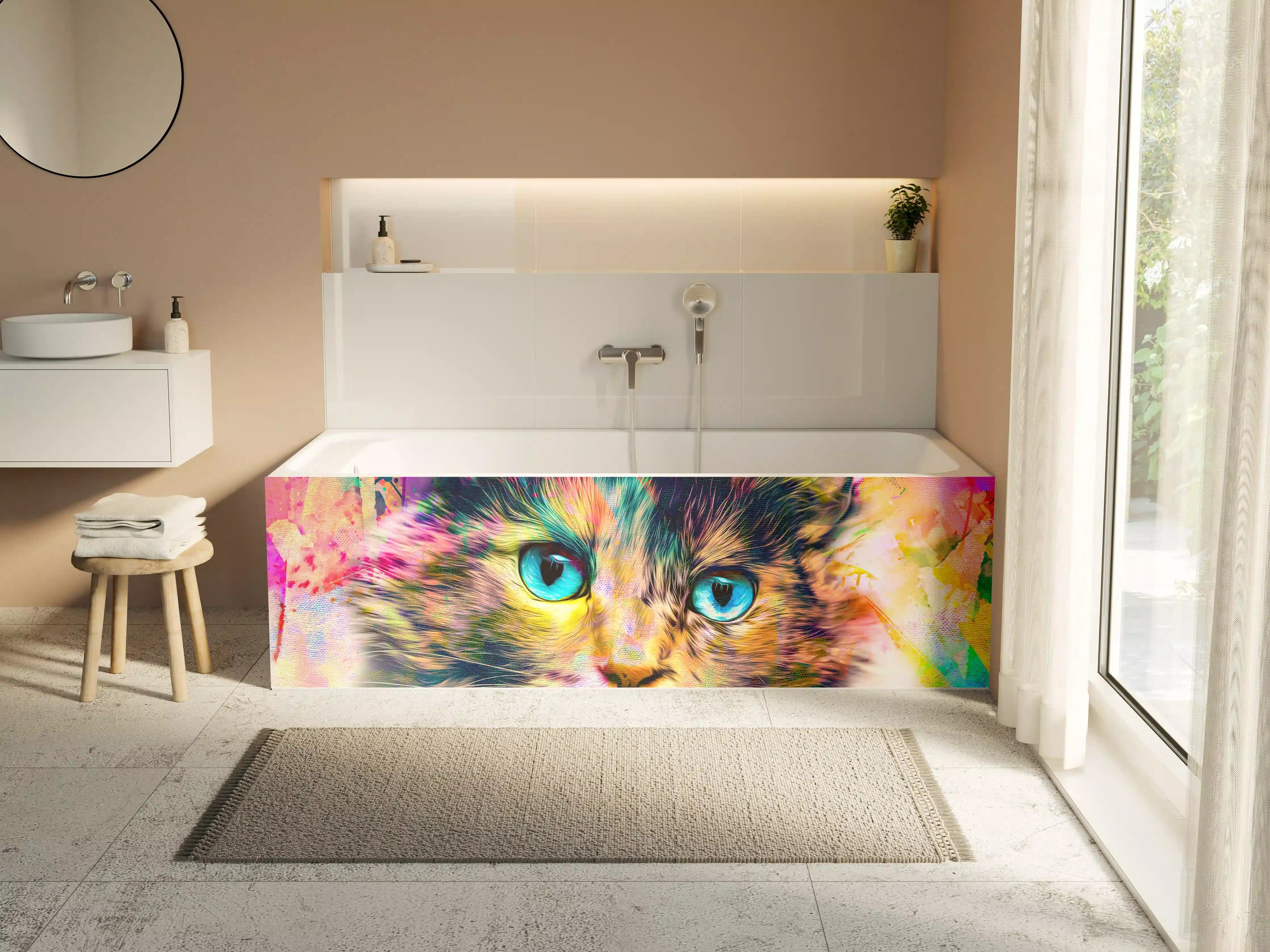 Badewannen-Rückwand - Bunter Katzenkopf mit abstrakten Elementen