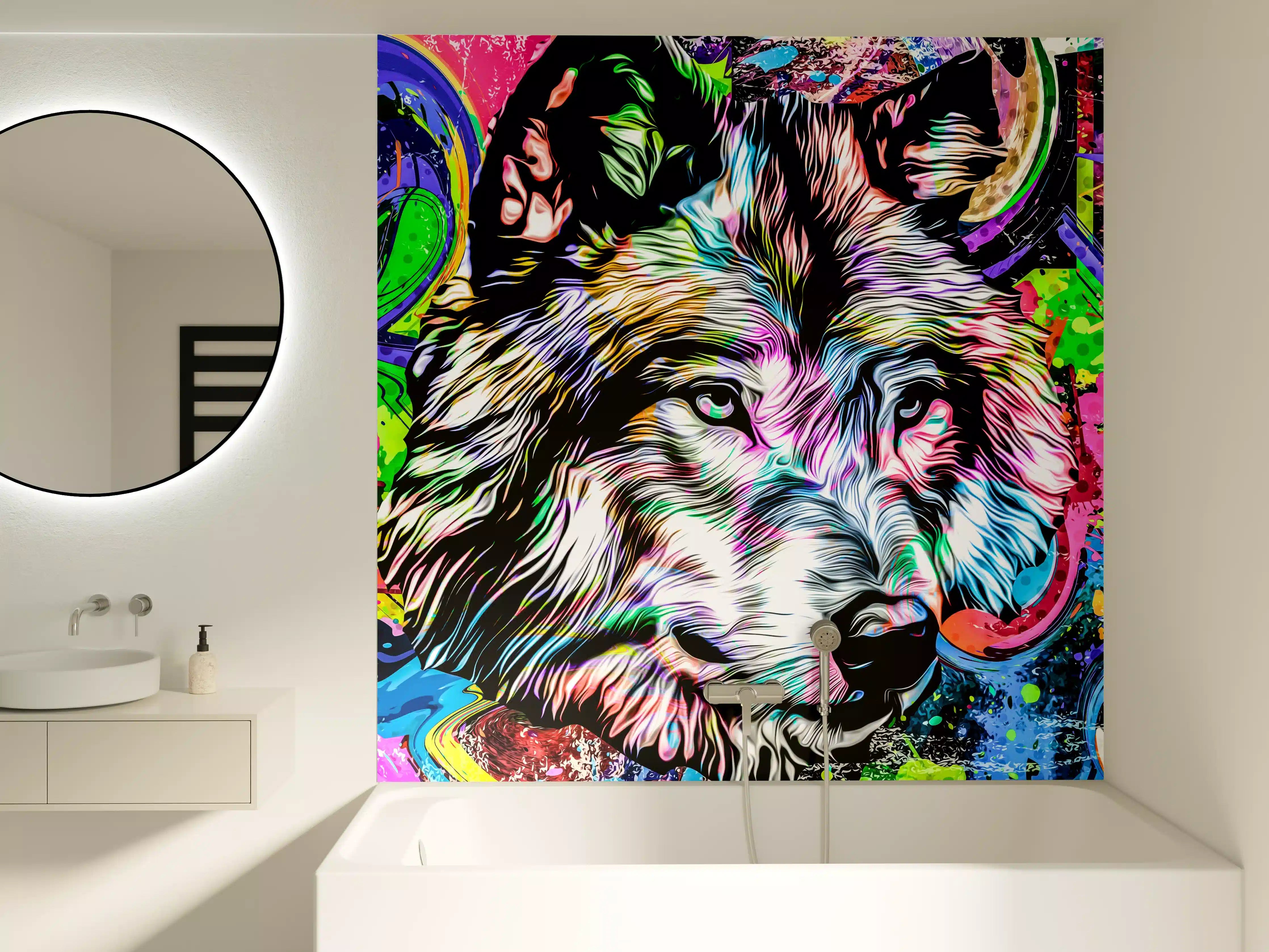 Badewannen-Rückwand - Bunter Wolfskopf mit abstrakten Elementen 