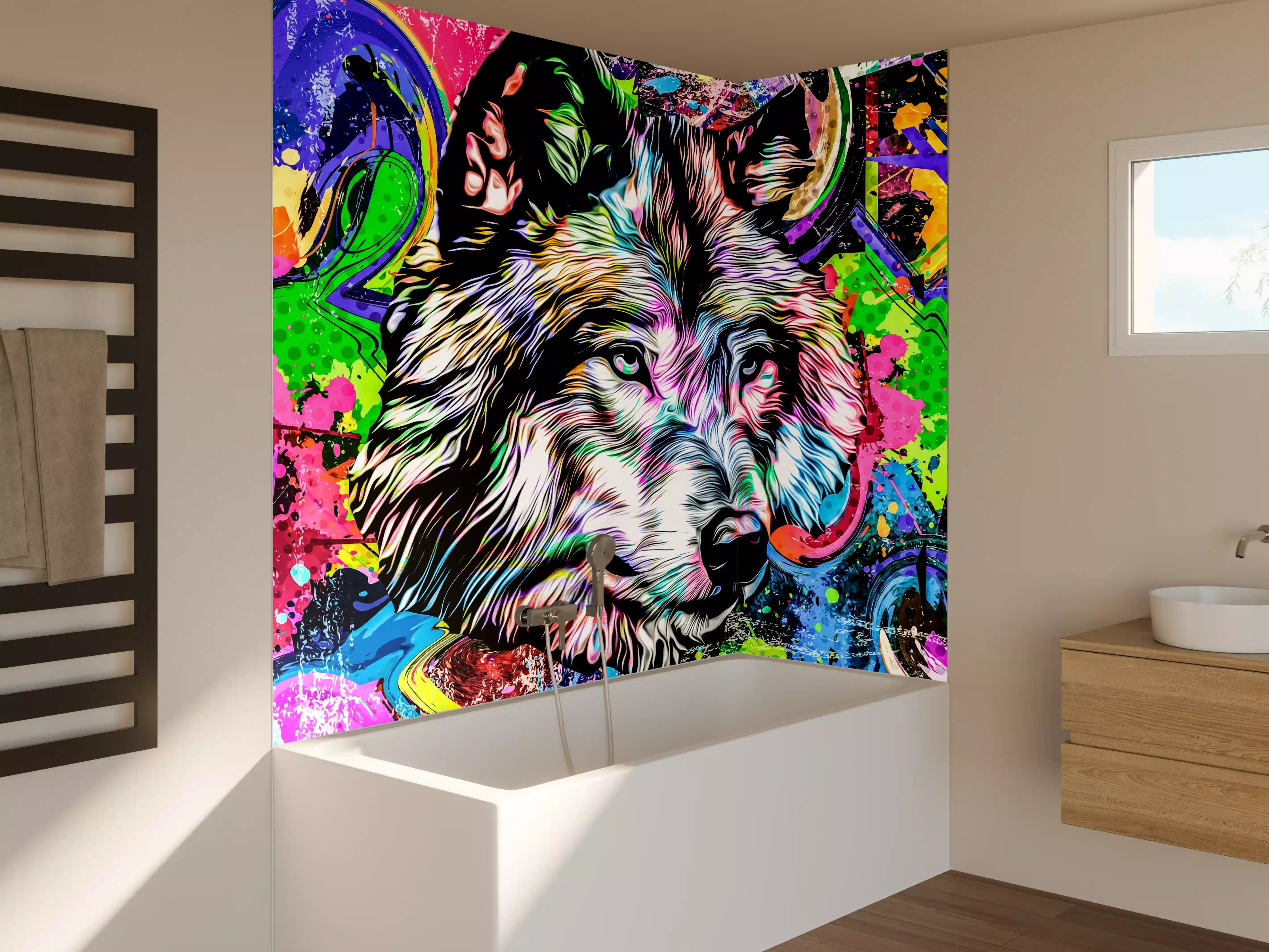 Badewannen-Rückwand - Bunter Wolfskopf mit abstrakten Elementen 