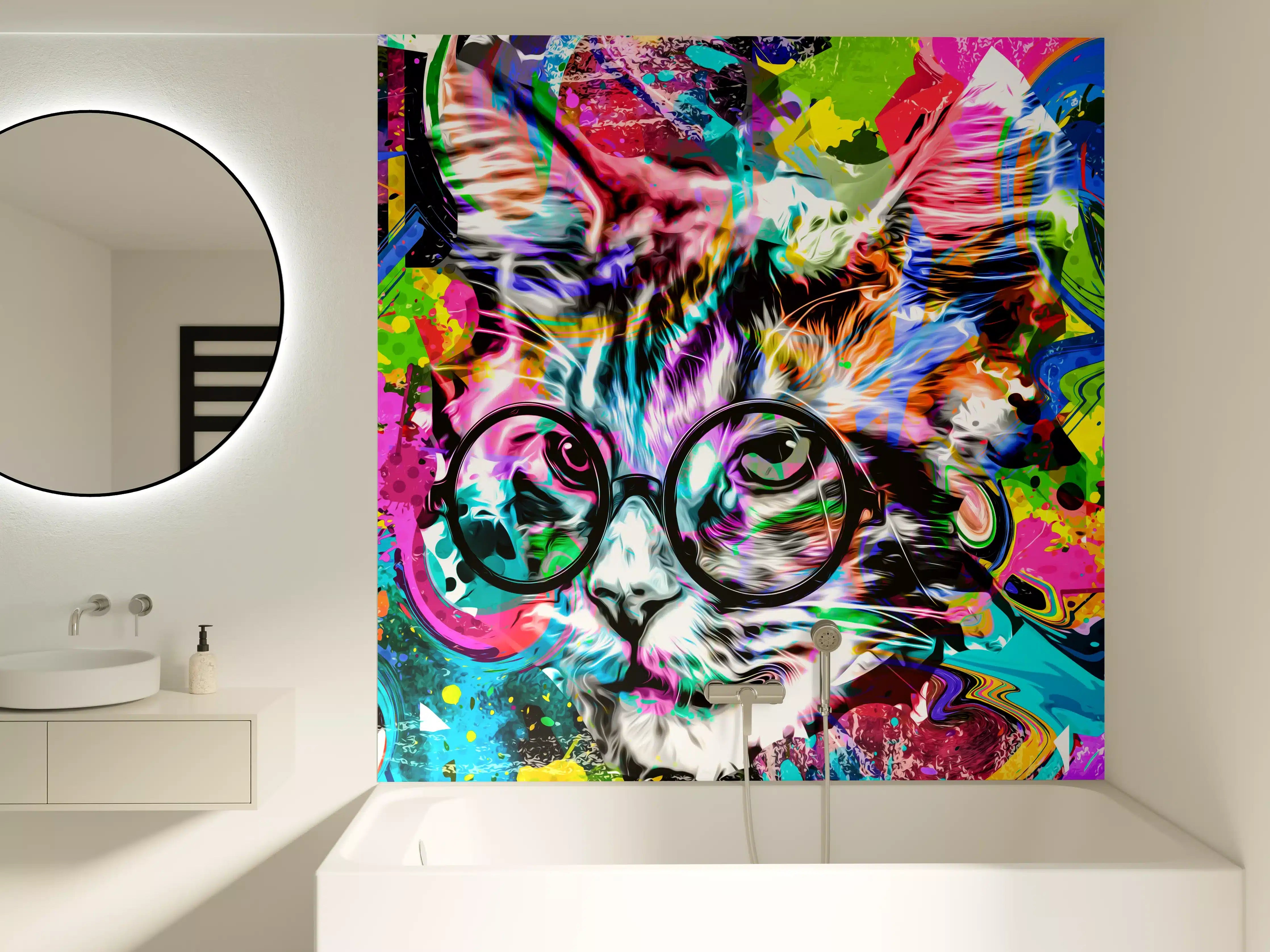 Badewannen-Rückwand - Bunter abstrakter Katzenkopf mit Brille 