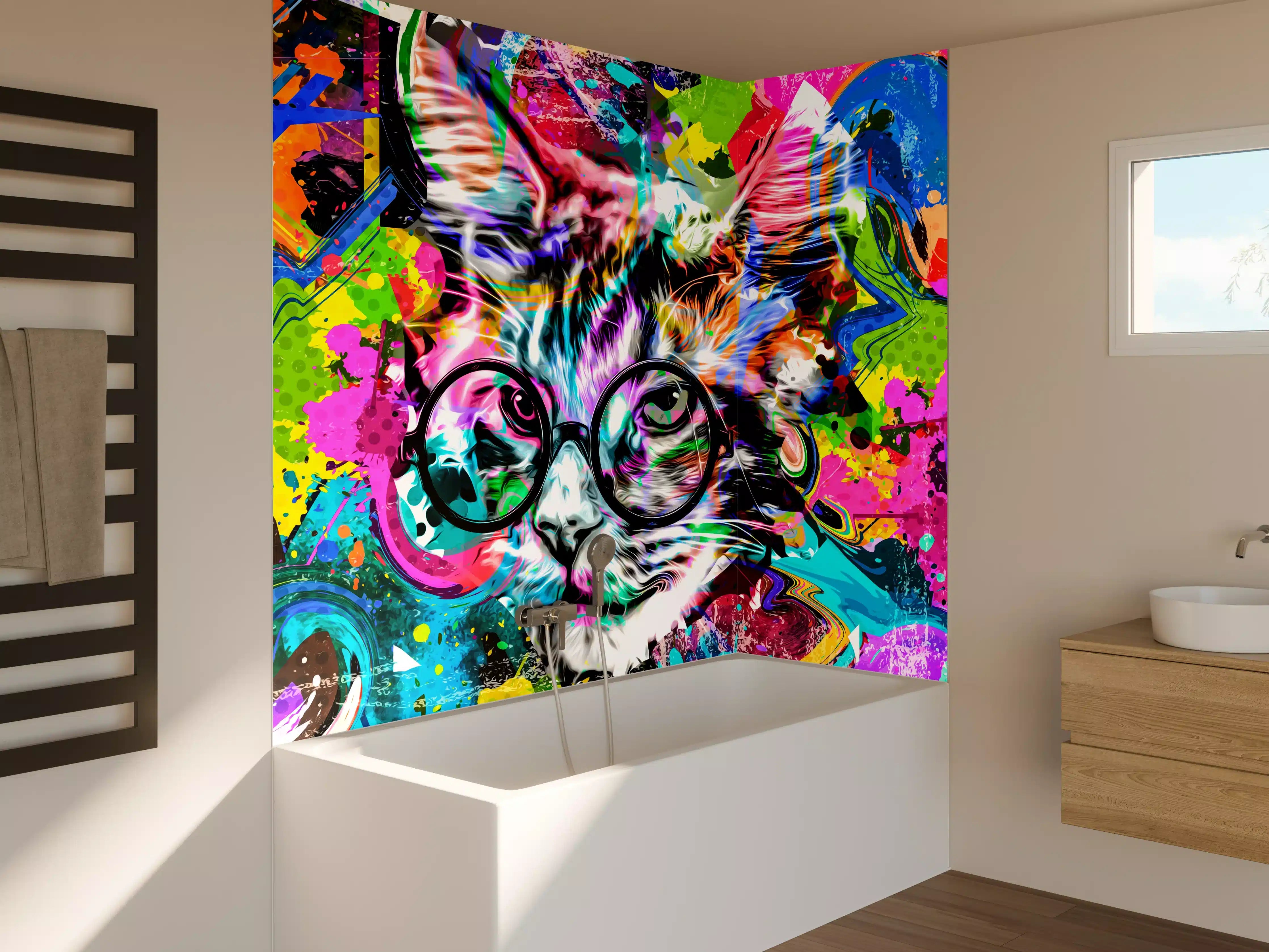 Badewannen-Rückwand - Bunter abstrakter Katzenkopf mit Brille 