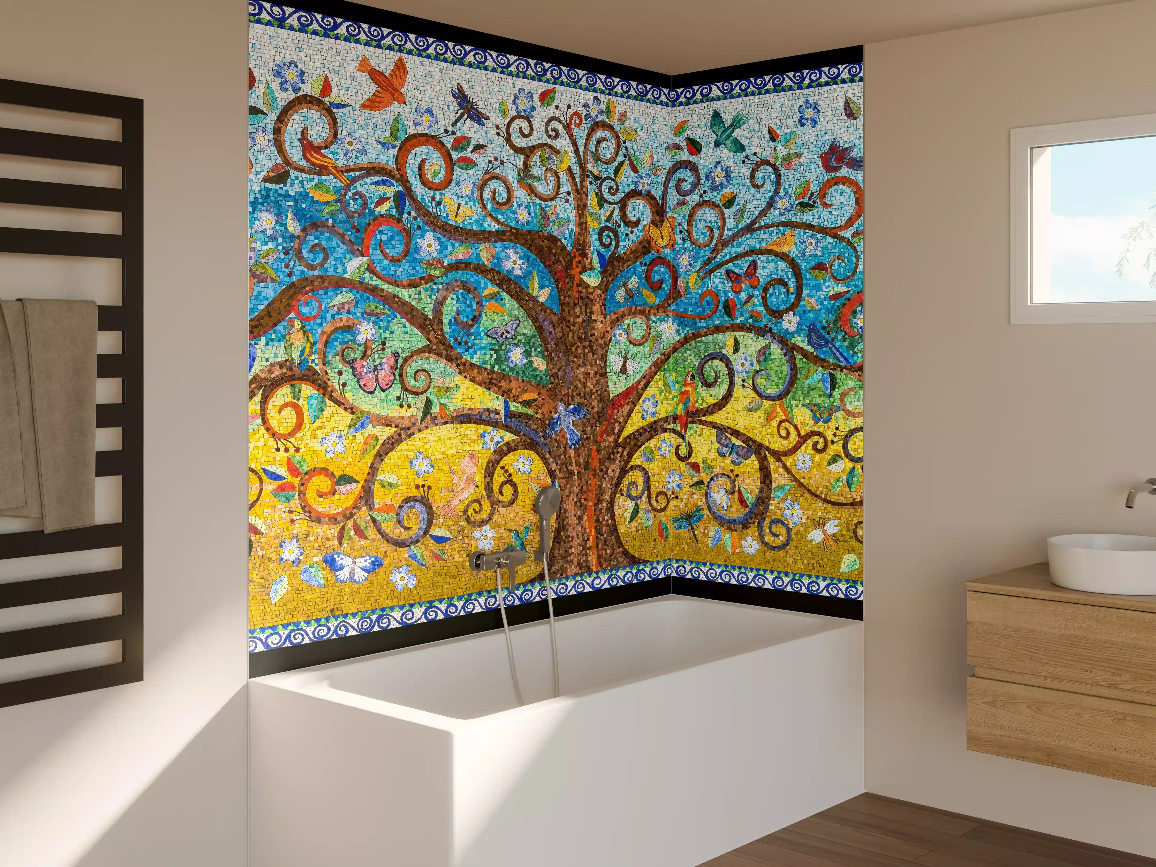 Badewannen-Rückwand - Buntes Baum Mosaik Kunstwerk