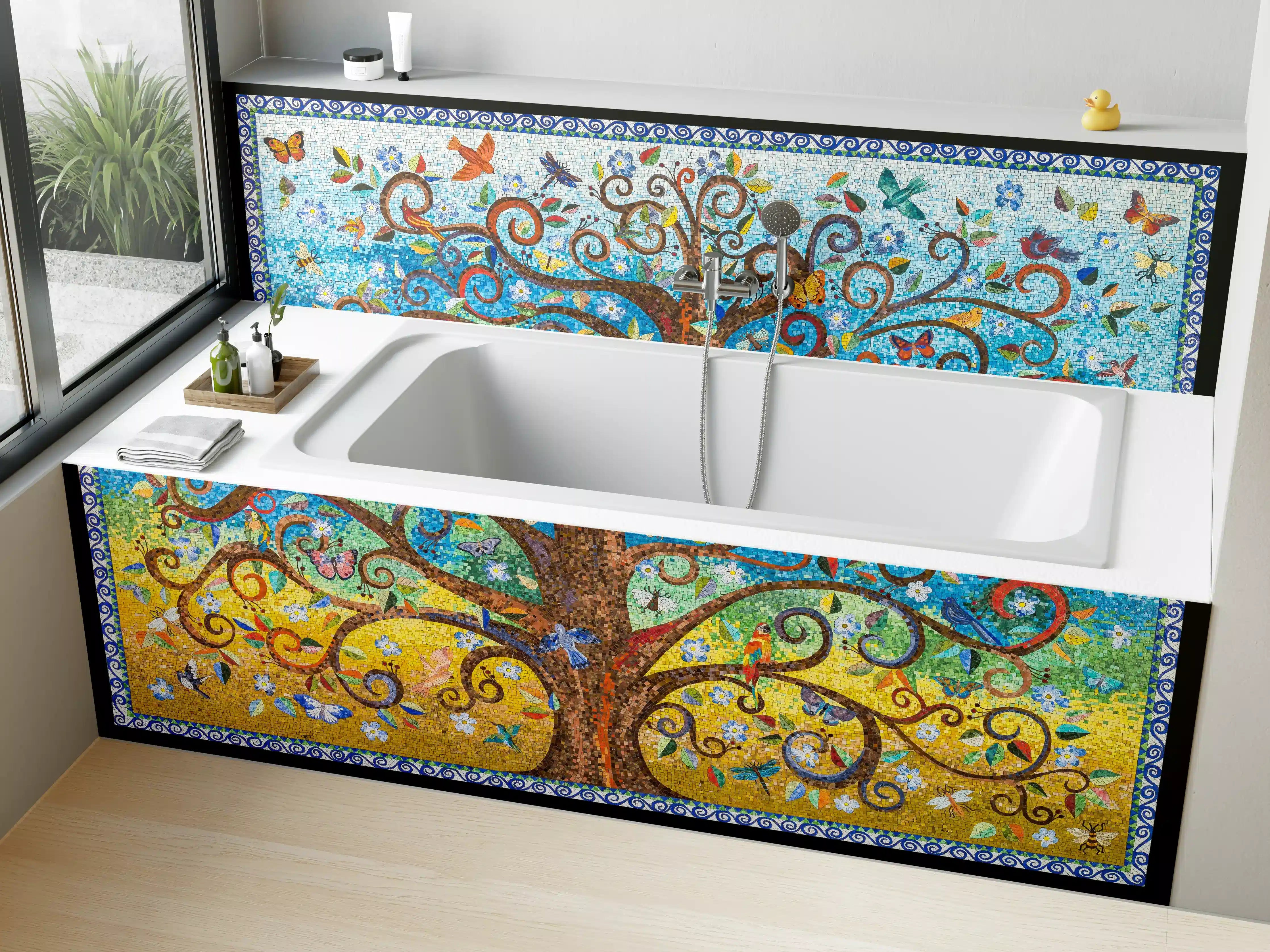 Badewannen-Rückwand - Buntes Baum Mosaik Kunstwerk