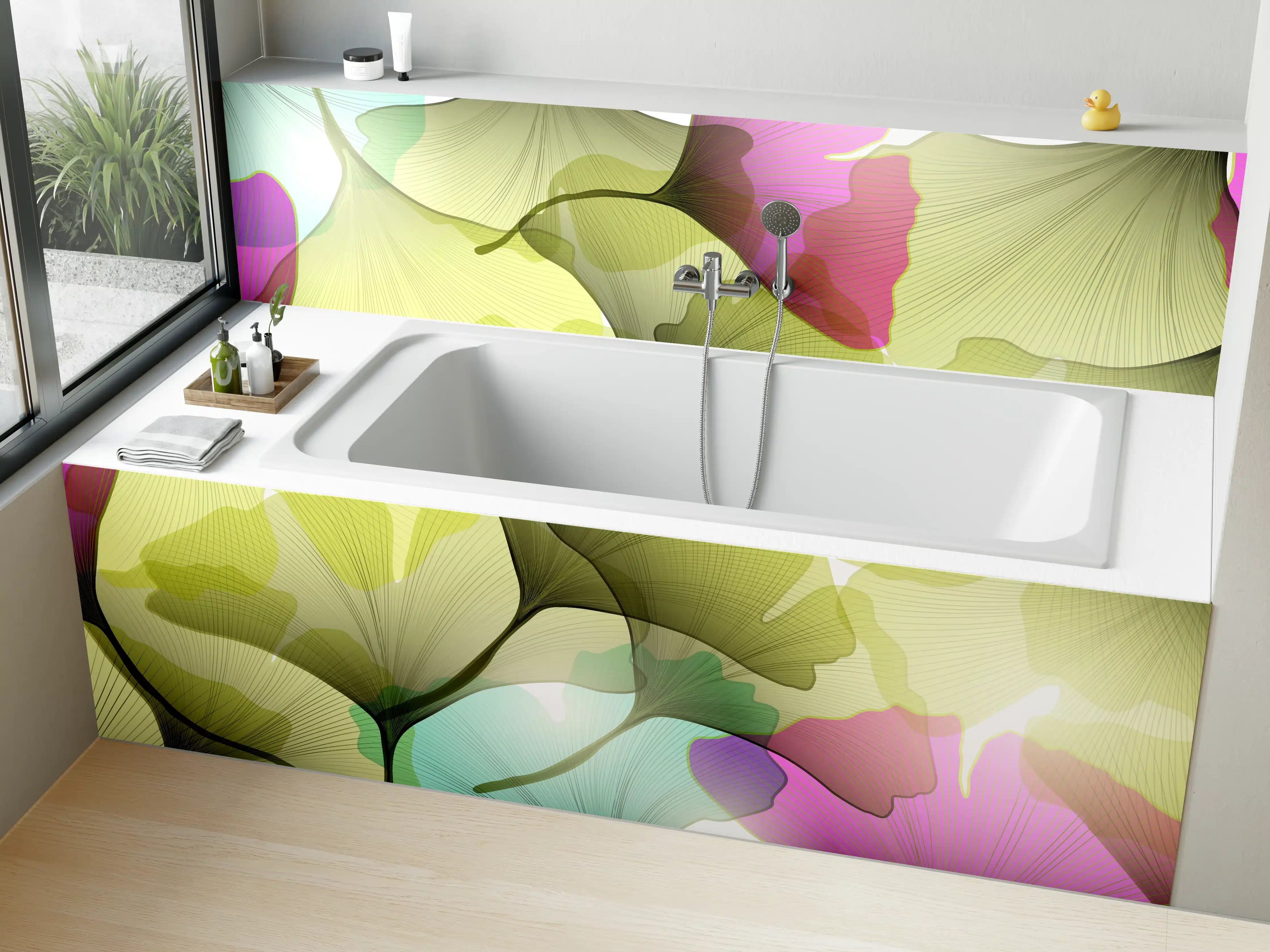 Badewannen-Rückwand - Buntes Ginkgo Blätter Design