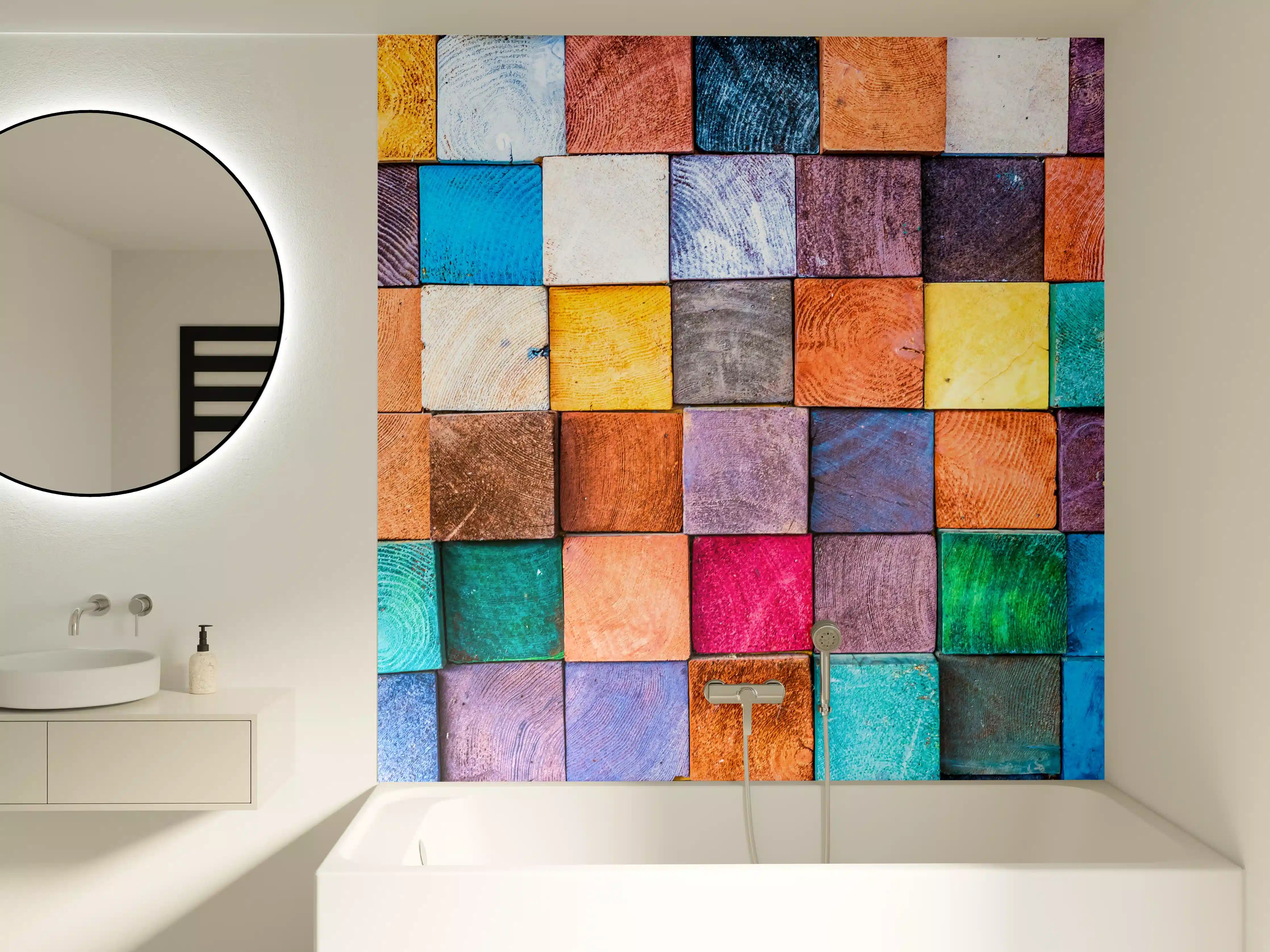 Badewannen-Rückwand - Buntes Holzstapelmuster