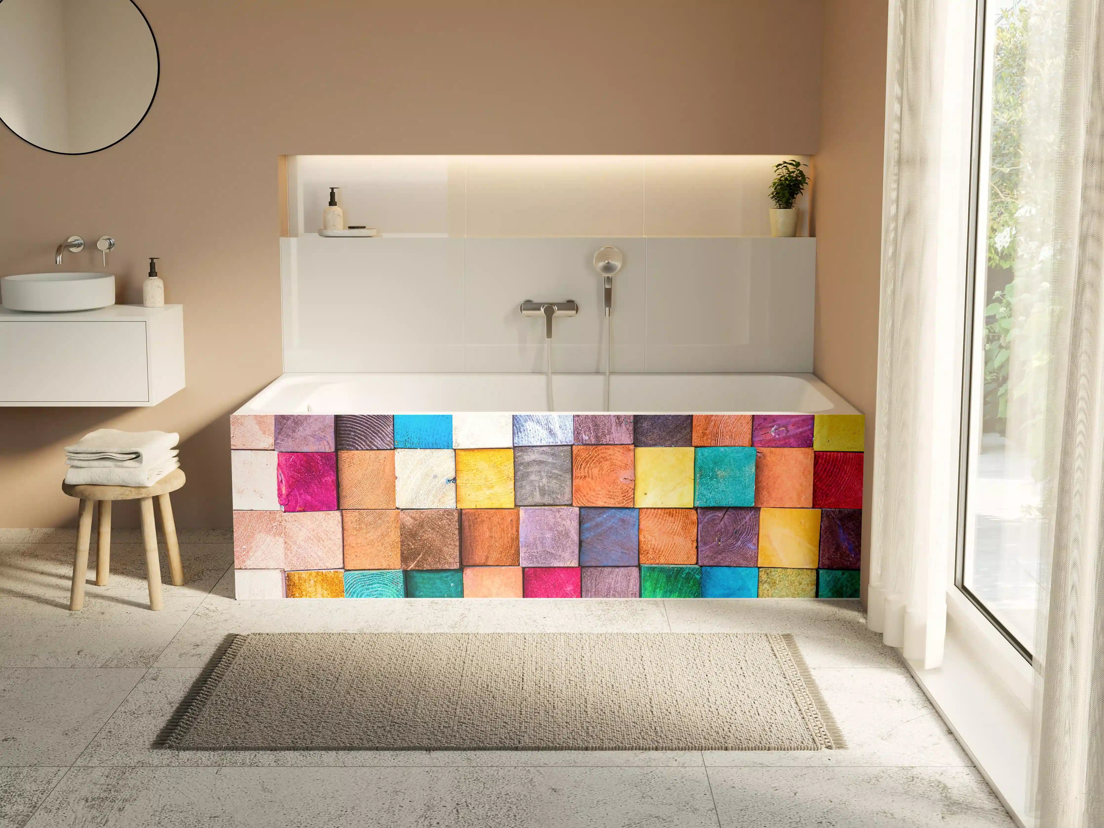 Badewannen-Rückwand - Buntes Holzstapelmuster