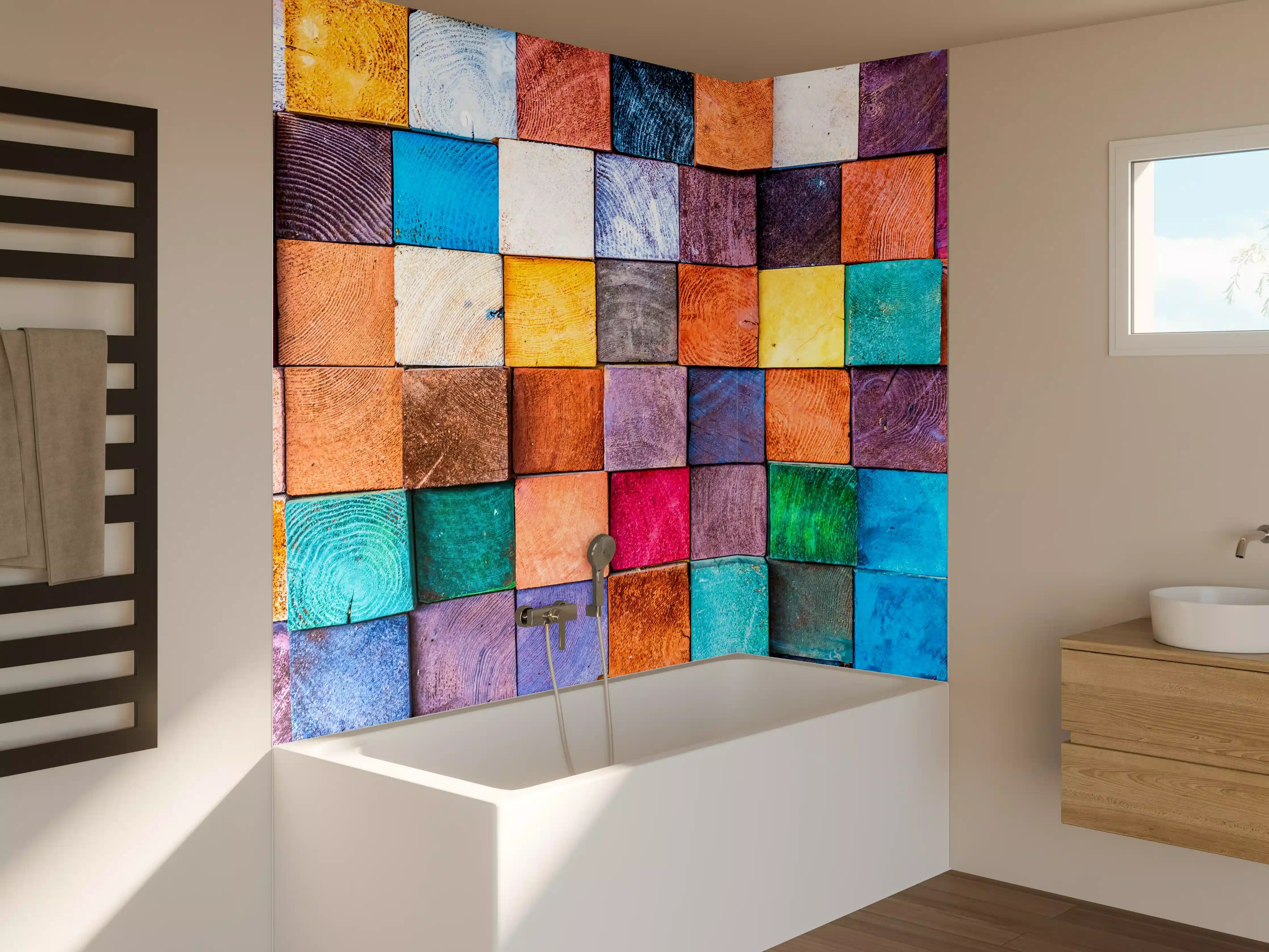 Badewannen-Rückwand - Buntes Holzstapelmuster