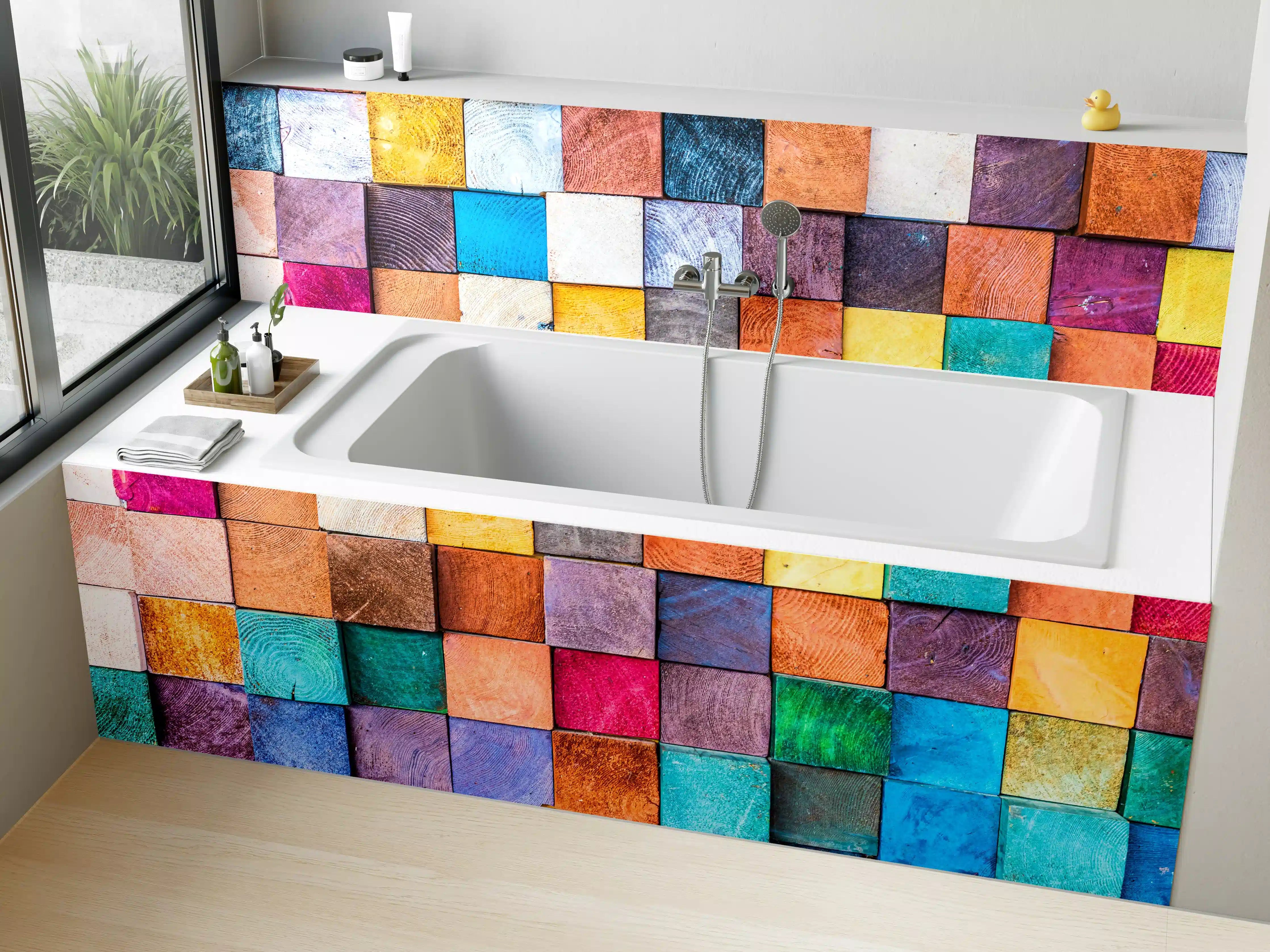Badewannen-Rückwand - Buntes Holzstapelmuster