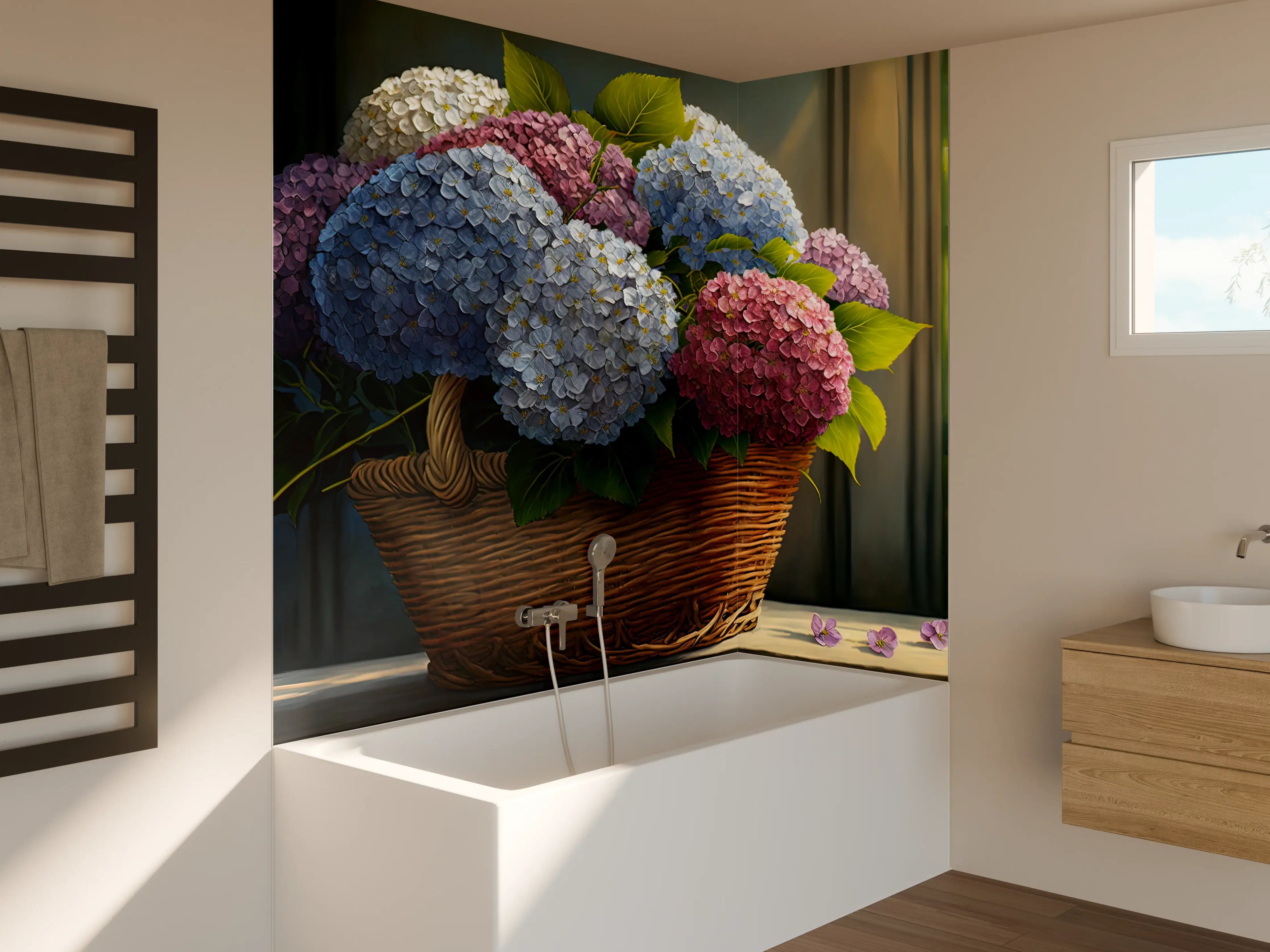 Badewannen-Rückwand - Buntes Hortensien Blumenarrangement