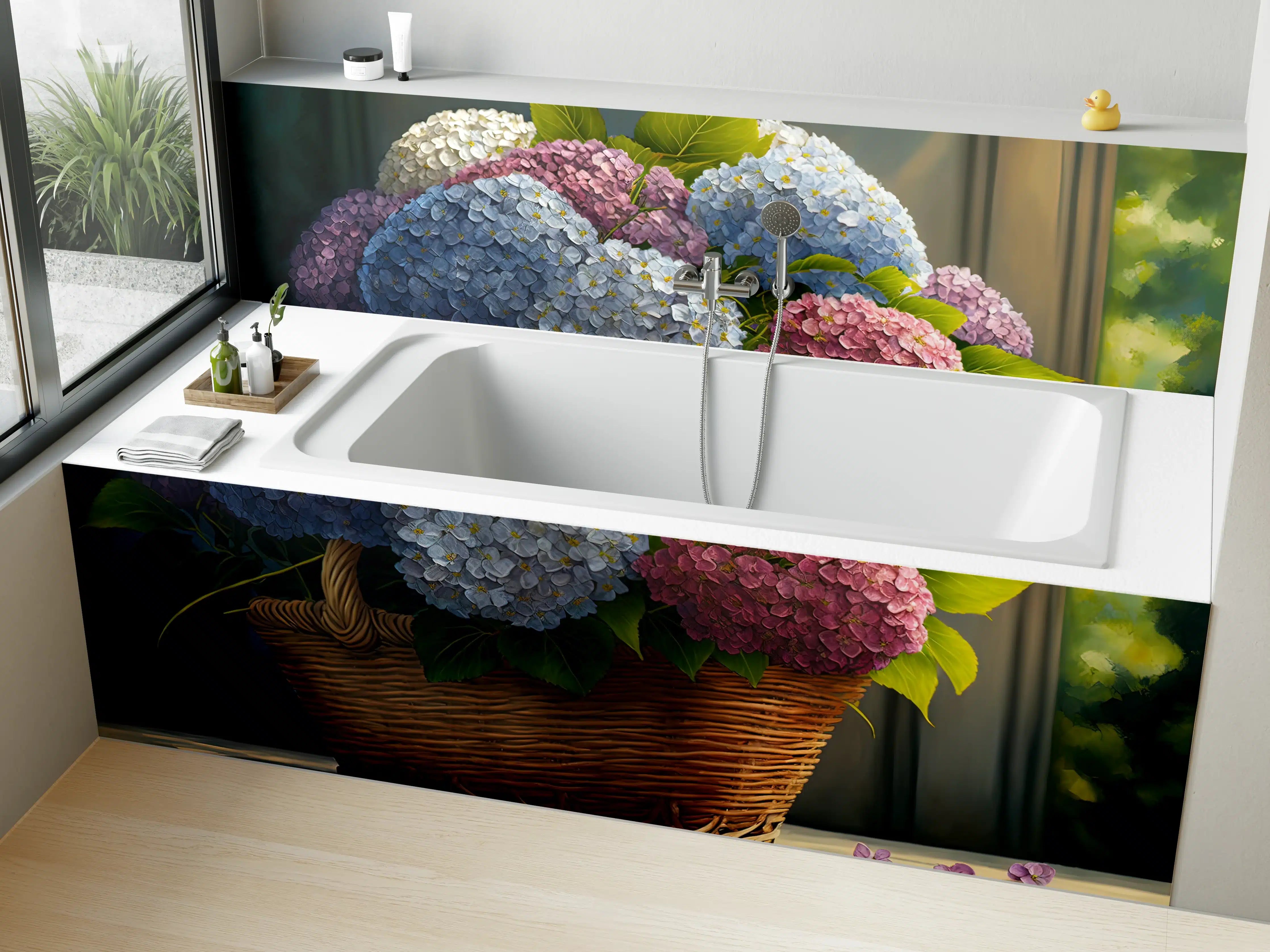 Badewannen-Rückwand - Buntes Hortensien Blumenarrangement