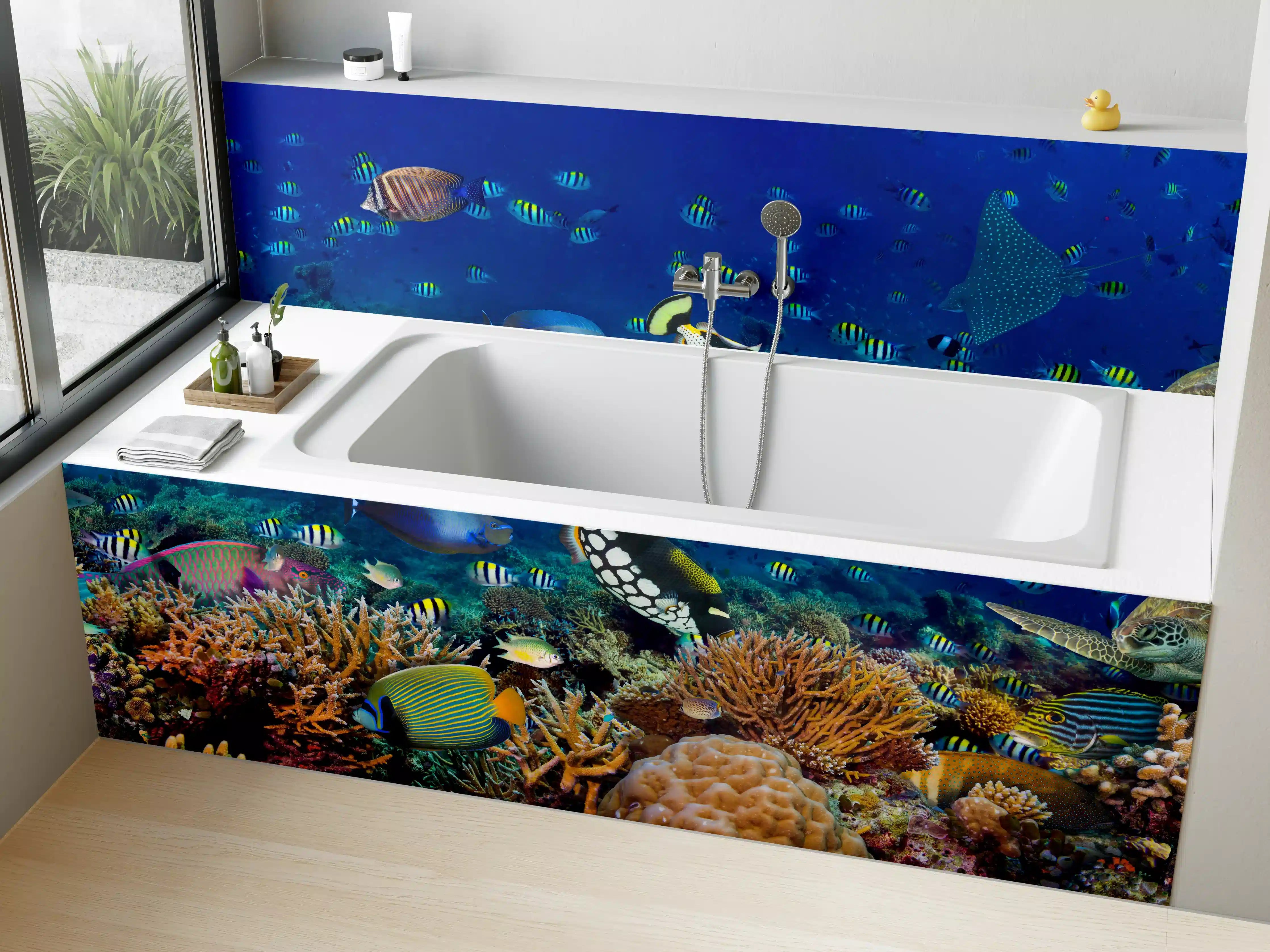 Badewannen-Rückwand - Buntes Korallenriff Blau-Türkis