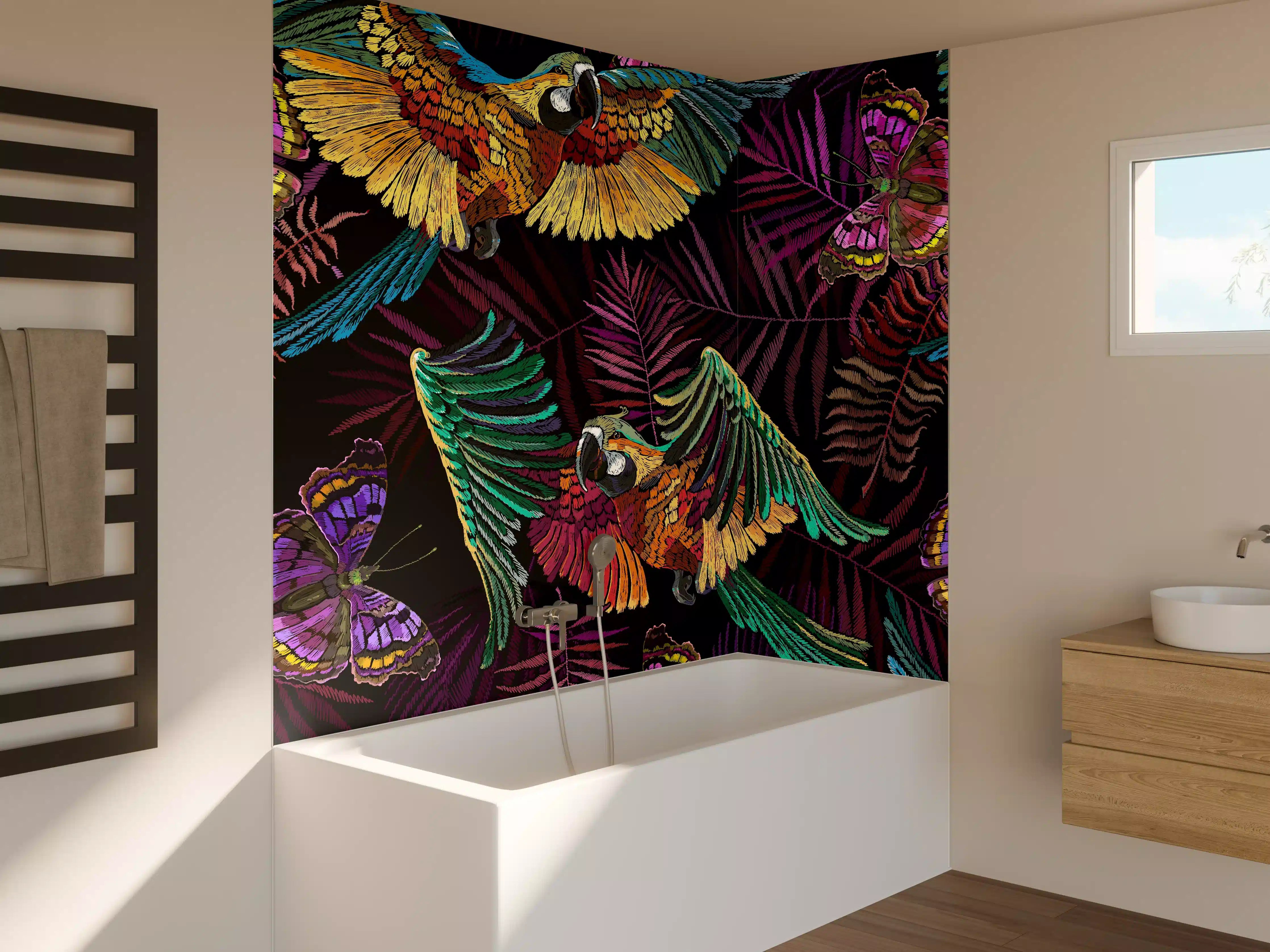 Badewannen-Rückwand - Buntes Papageien-Muster