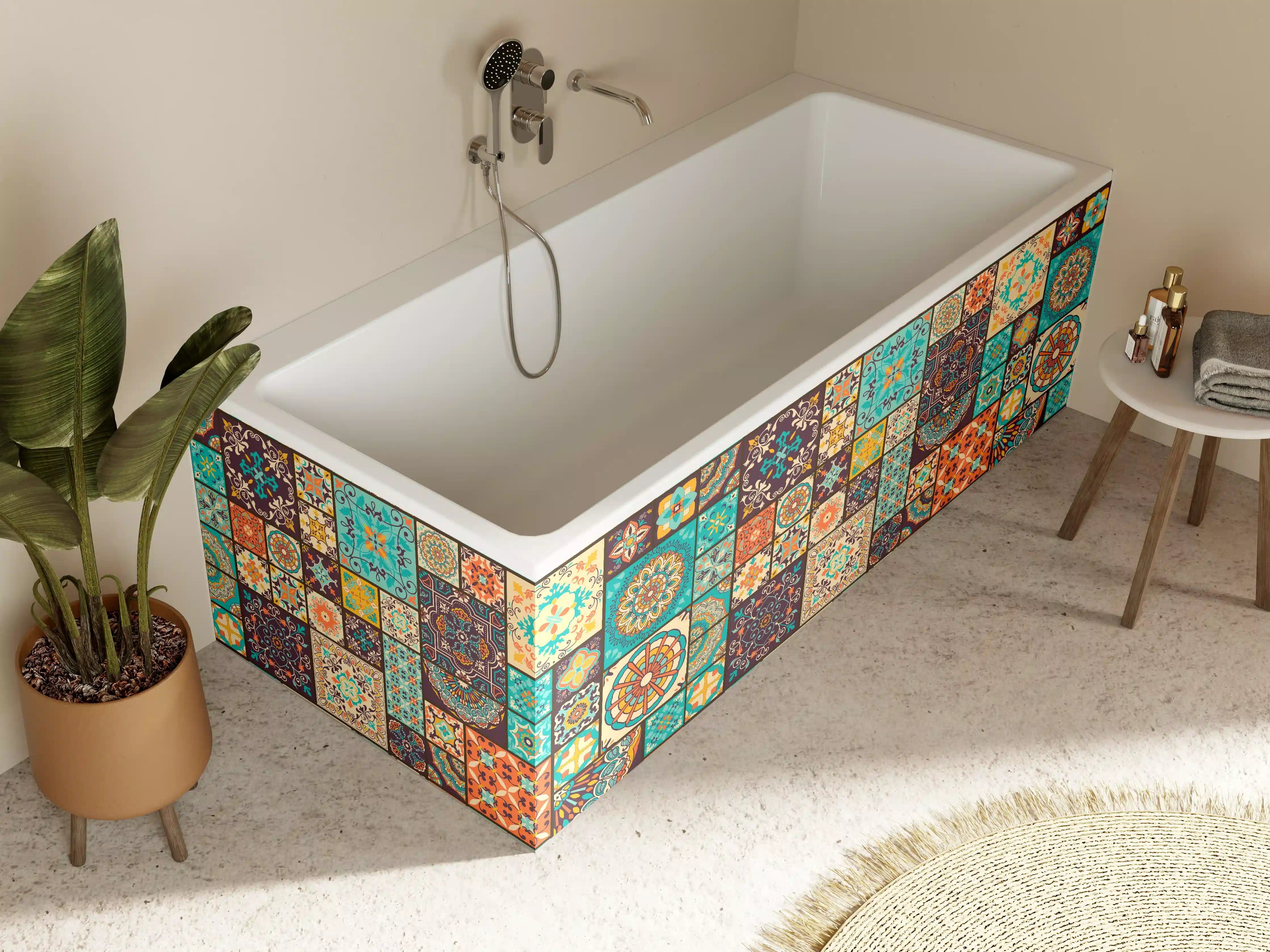 Badewannen-Rückwand - Buntes Patchwork Fliesenmuster