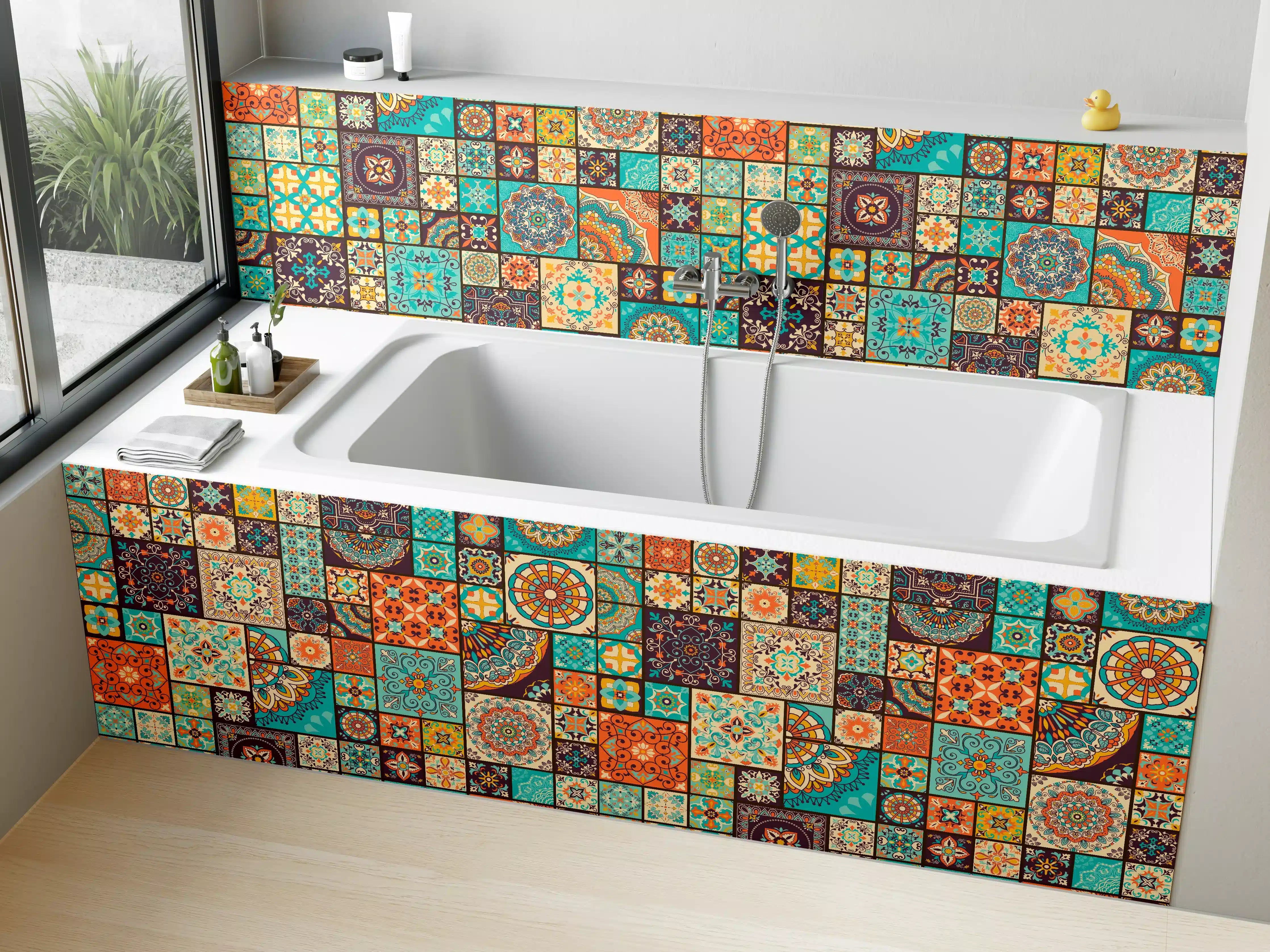 Badewannen-Rückwand - Buntes Patchwork Fliesenmuster