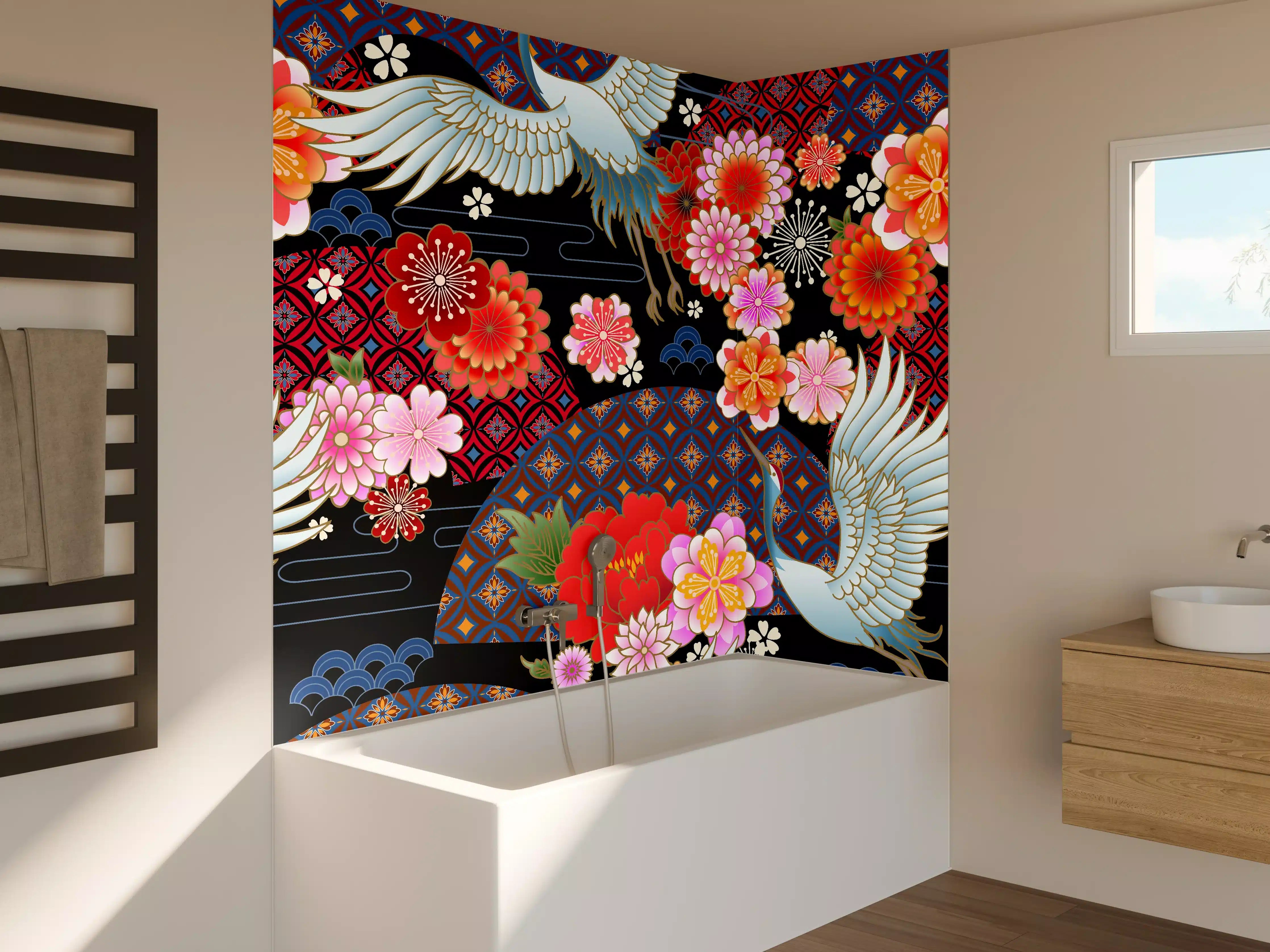 Badewannen-Rückwand - Buntes Vogel-Blumen-Muster