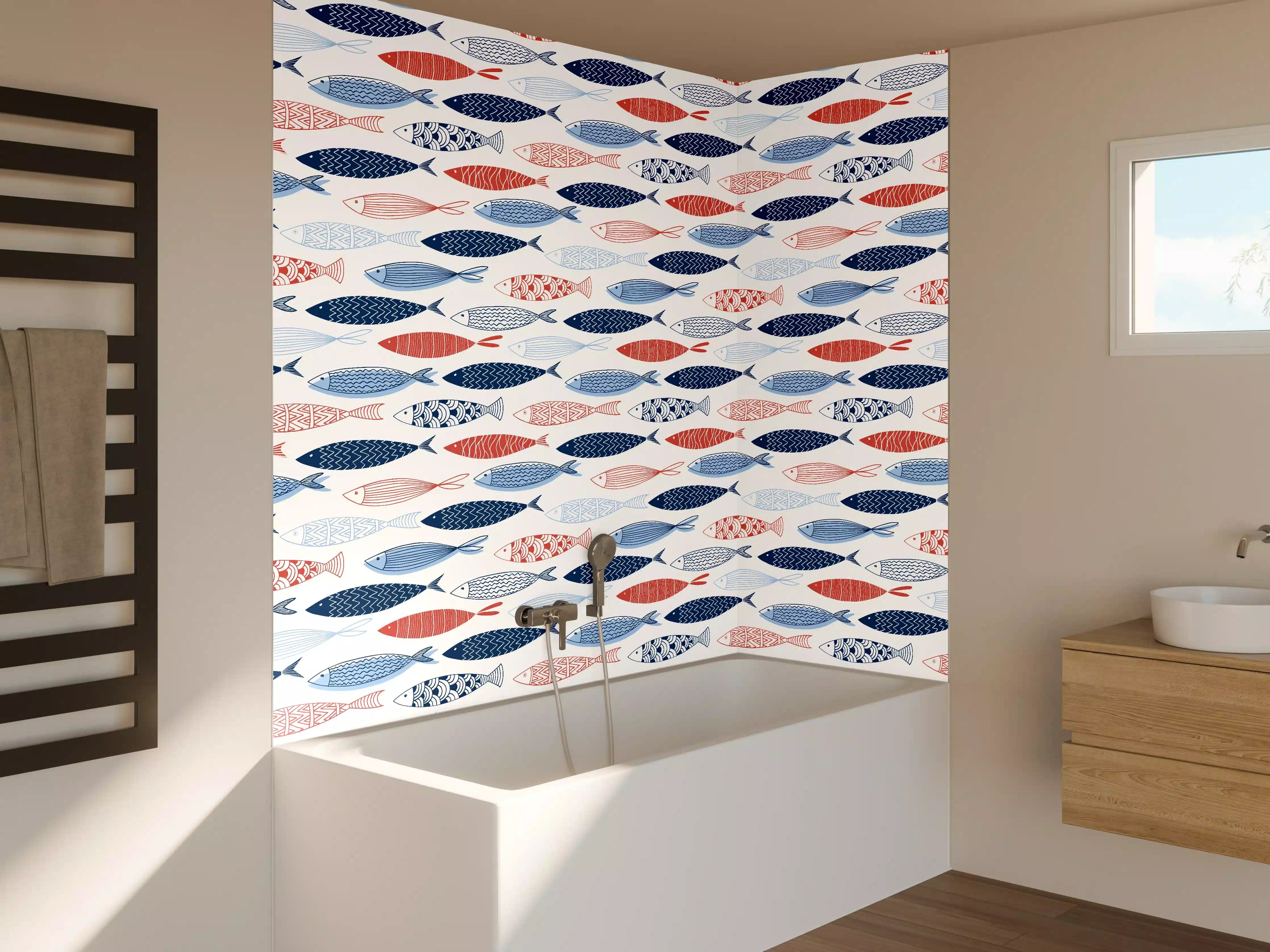 Badewannen-Rückwand - Cartoon-Fische Blau-Rot