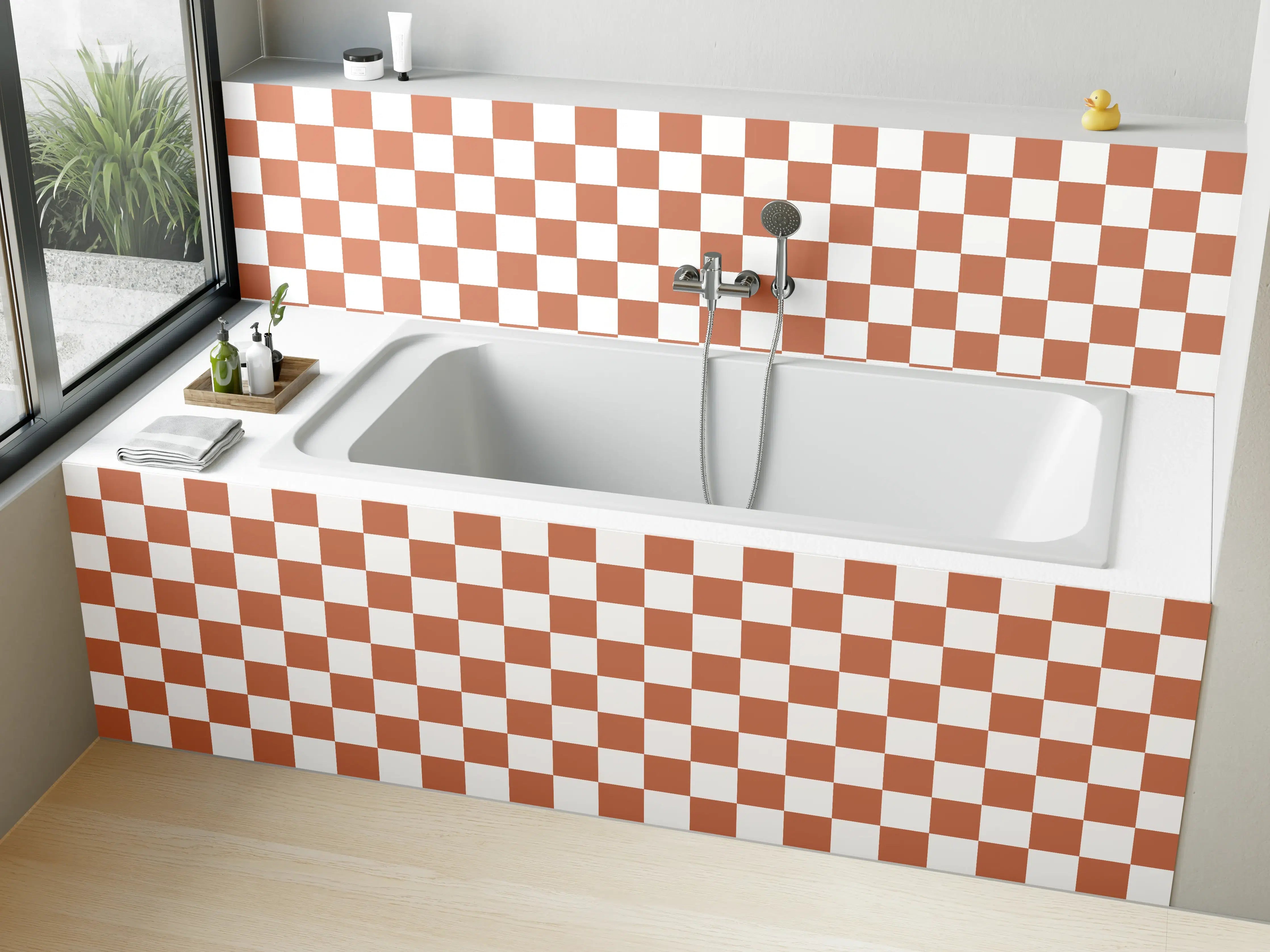 Badewannen-Rückwand - Checkered Pattern in Warm Tones
