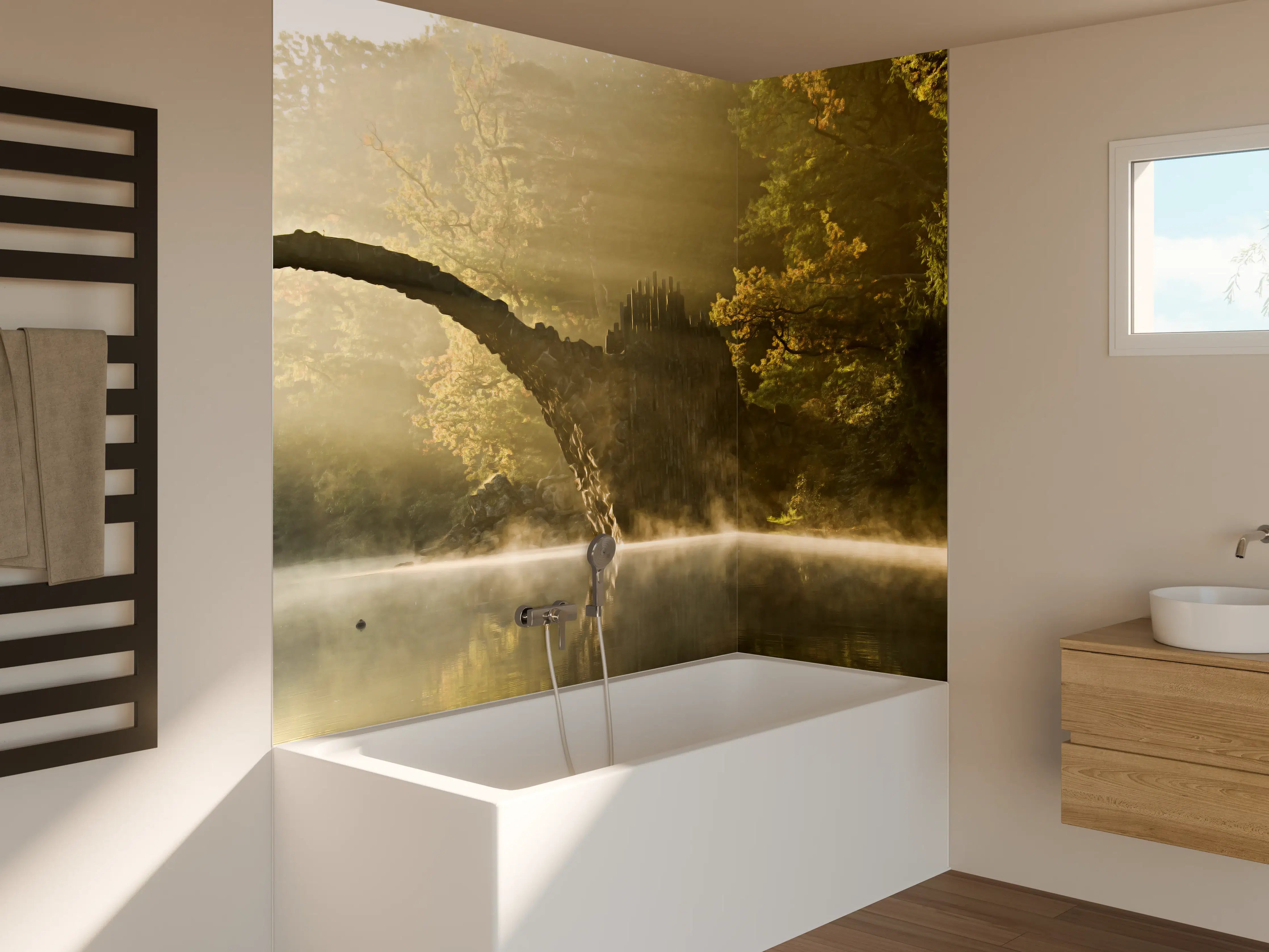 Badewannen-Rückwand - Dämmerung im Wald am Fluss