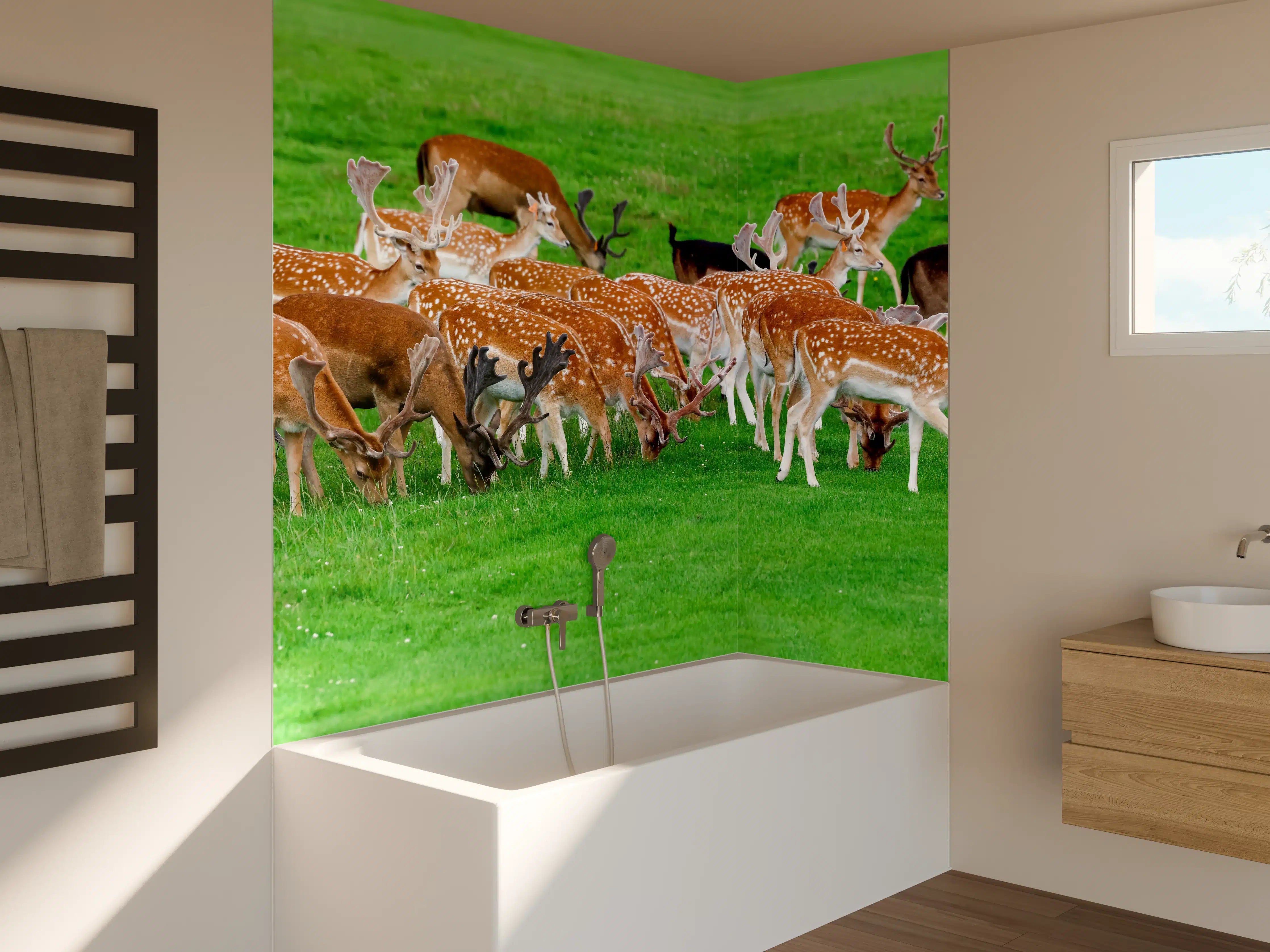 Badewannen-Rückwand - Damwild-Herde auf grüner Wiese