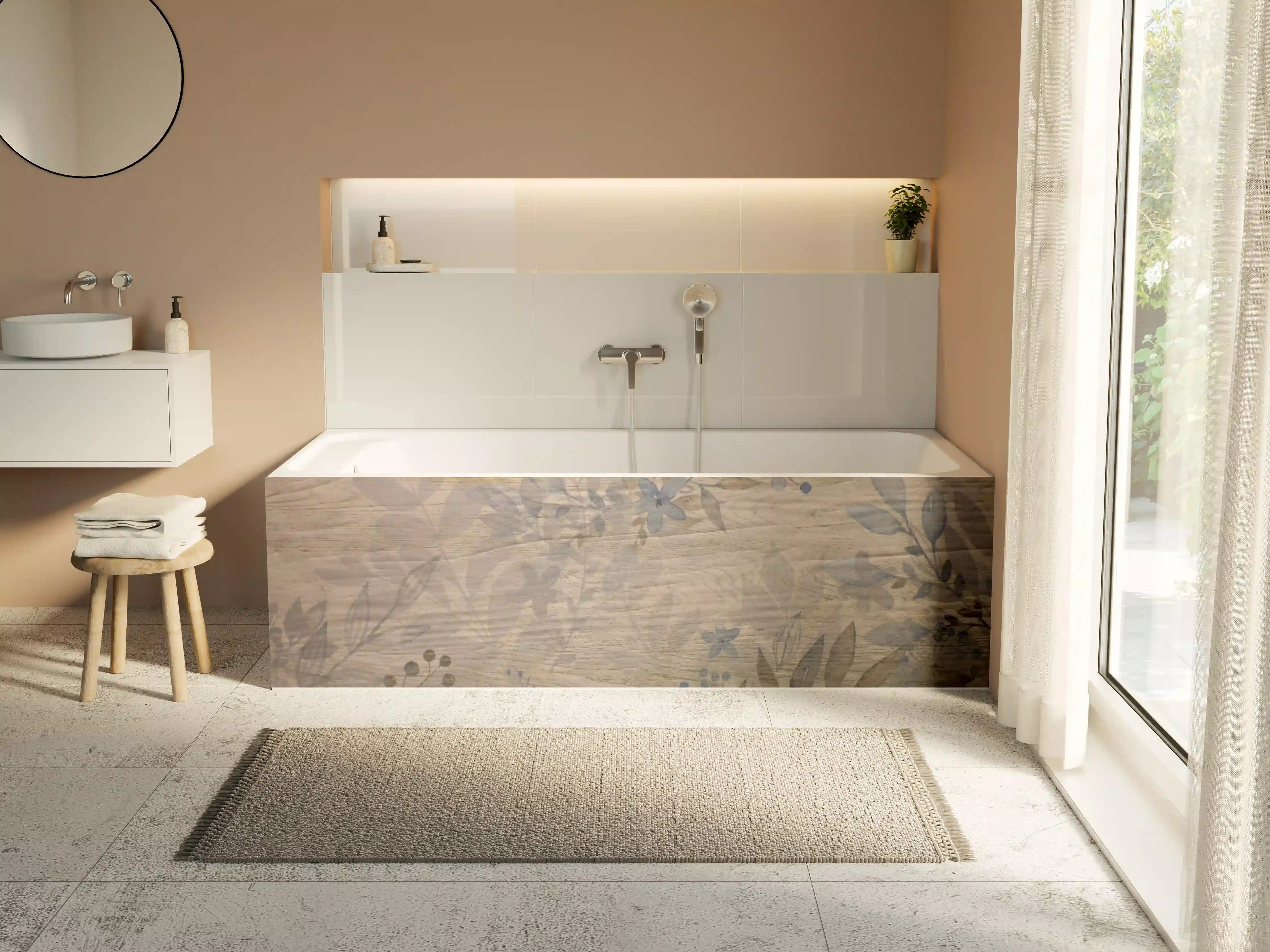 Badewannen-Rückwand - Dezenter Holzdesign mit floralen Akzenten