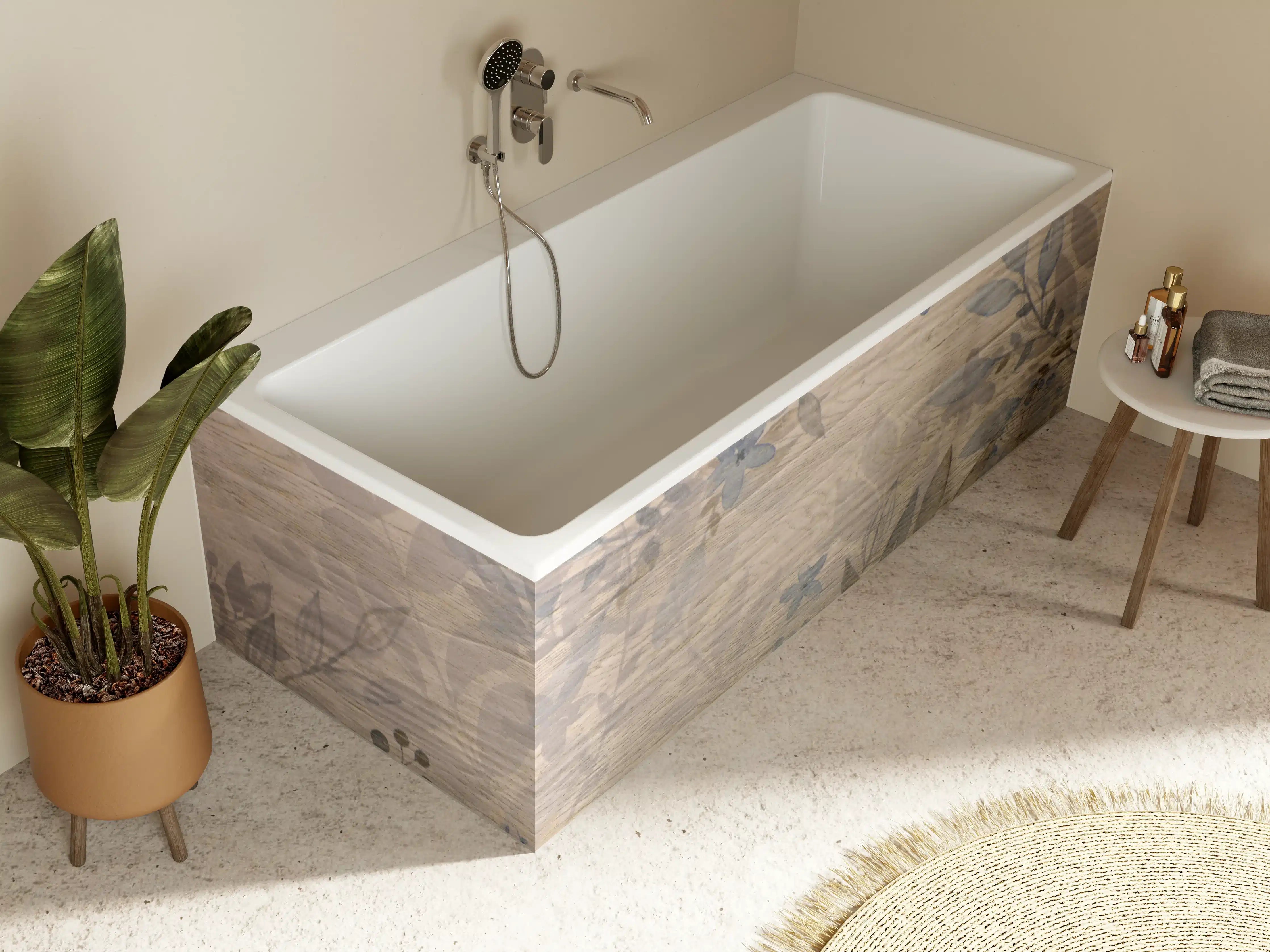 Badewannen-Rückwand - Dezenter Holzdesign mit floralen Akzenten