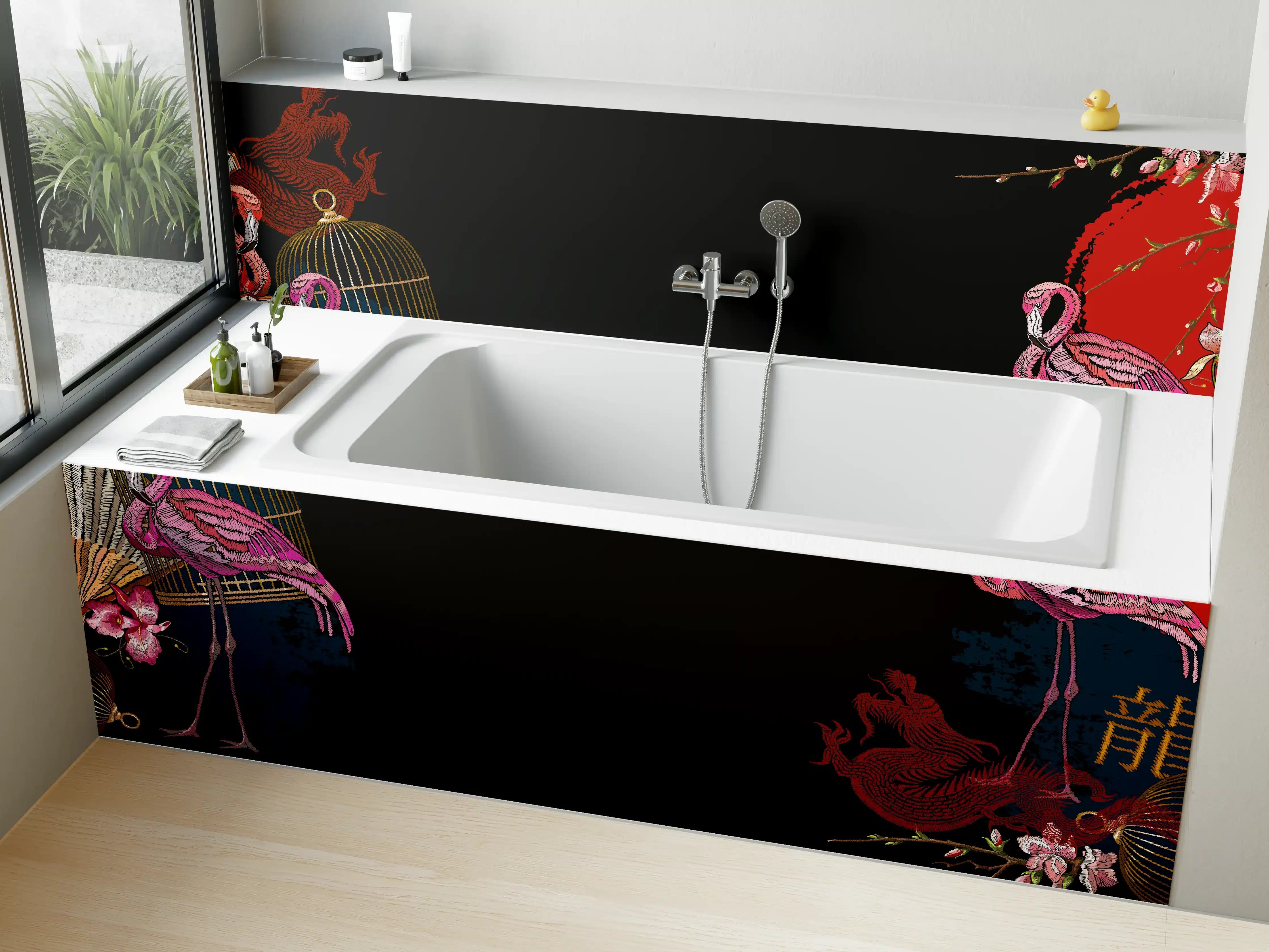 Badewannen-Rückwand - Drachen & Flamigos - Stickmuster