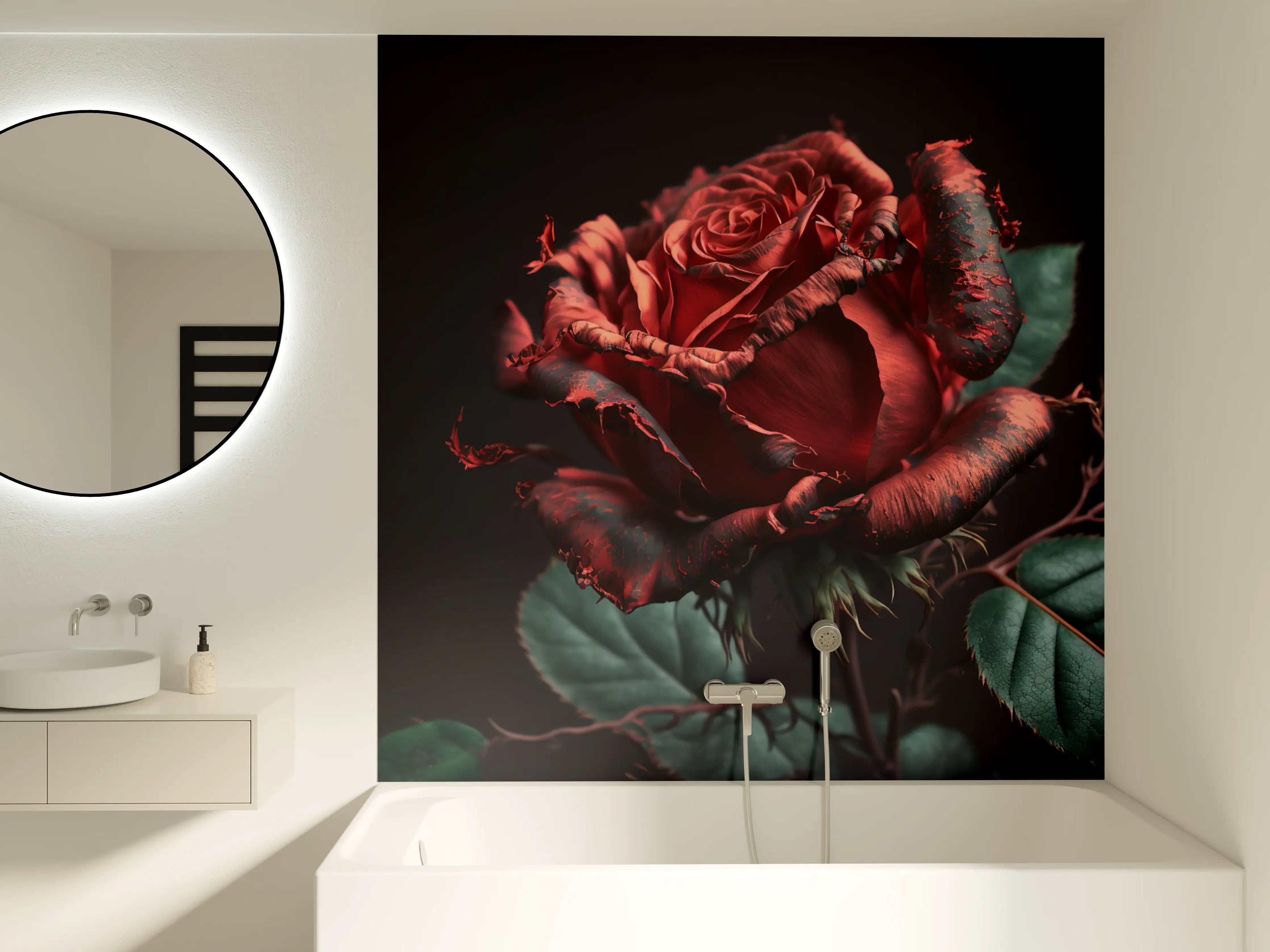 Badewannen-Rückwand - Dramatische rote Rose im Dunkeln