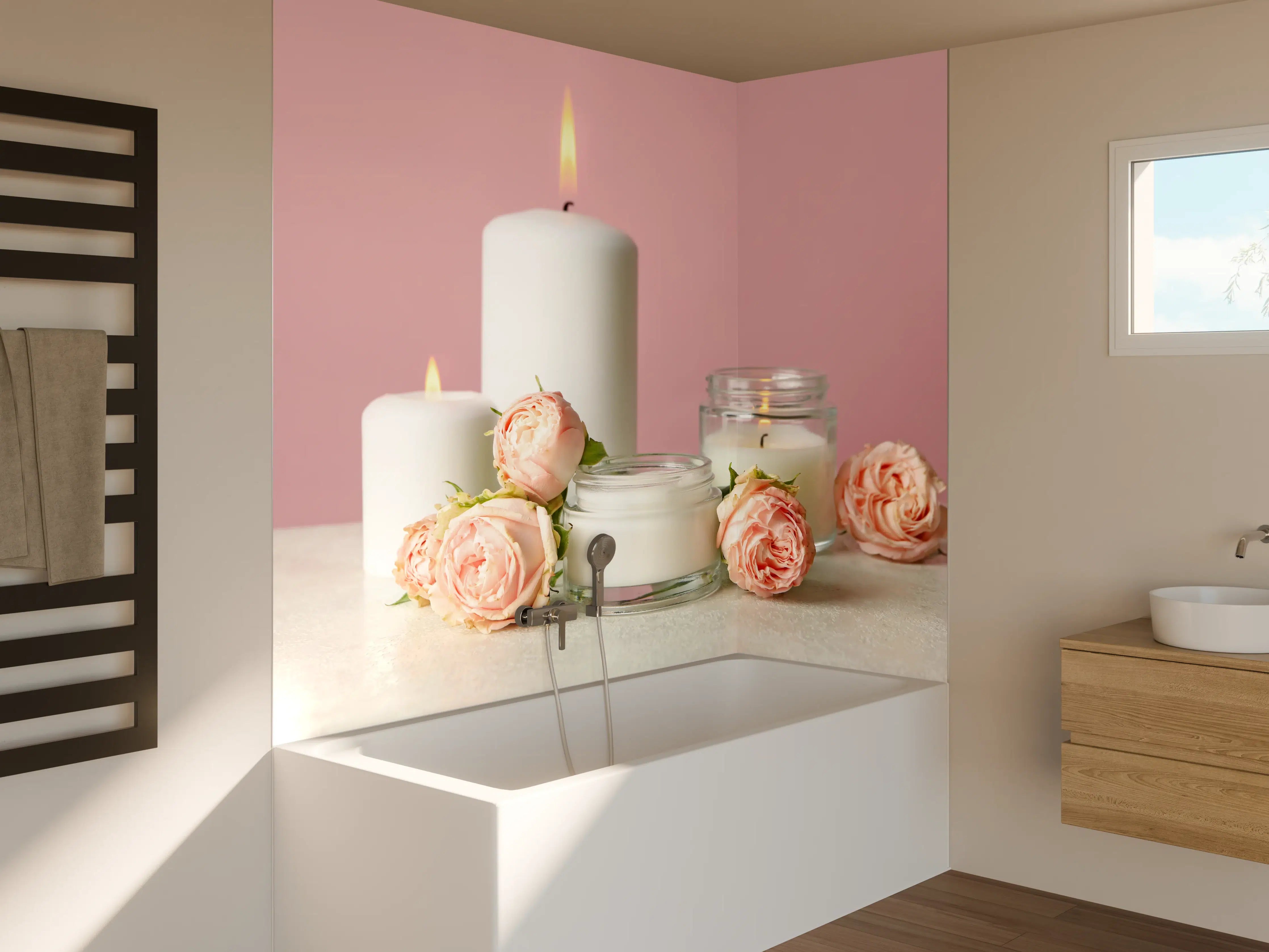 Badewannen-Rückwand - Duftkerzen und Rosen auf weißem Tisch 