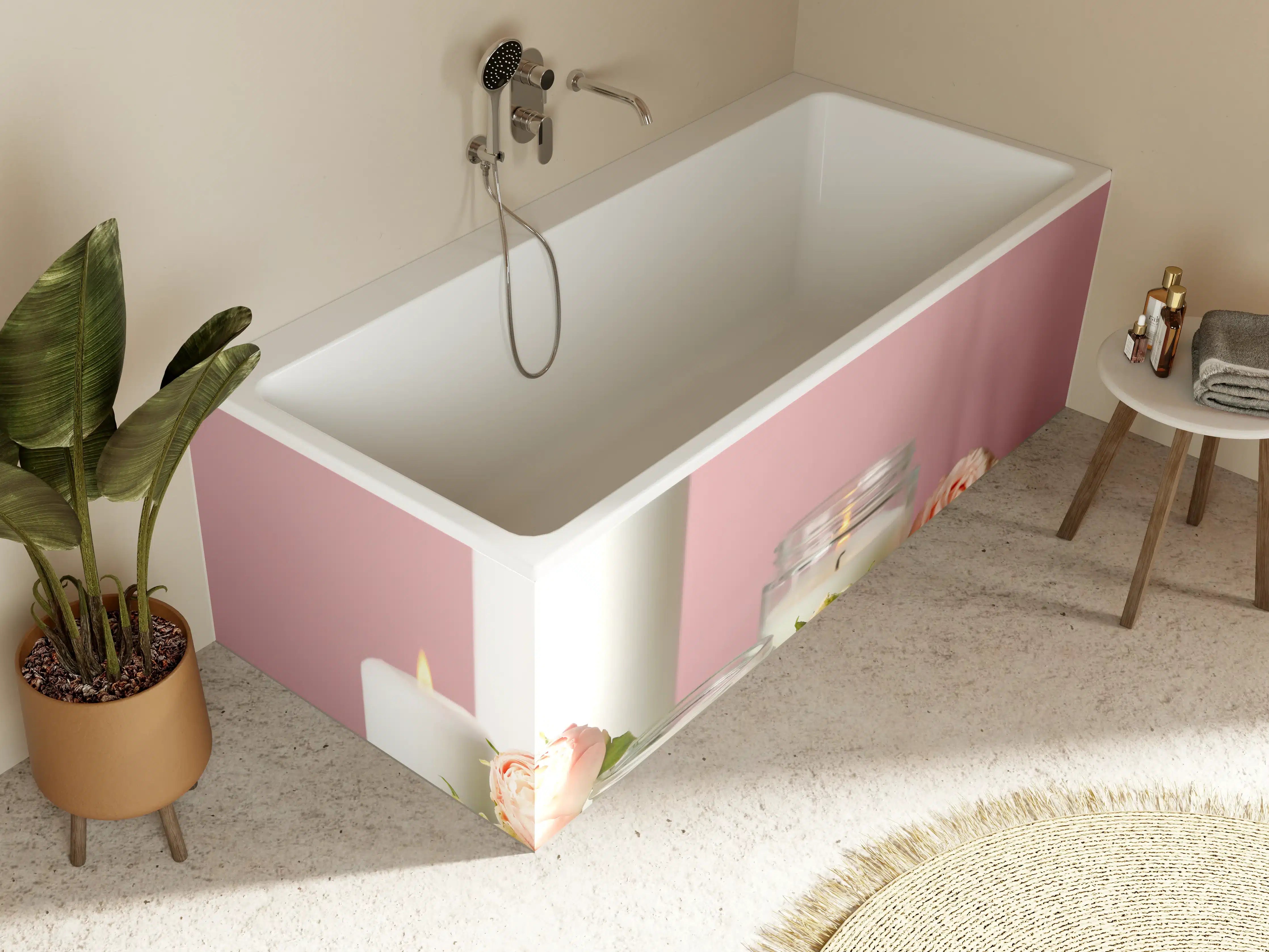 Badewannen-Rückwand - Duftkerzen und Rosen auf weißem Tisch 