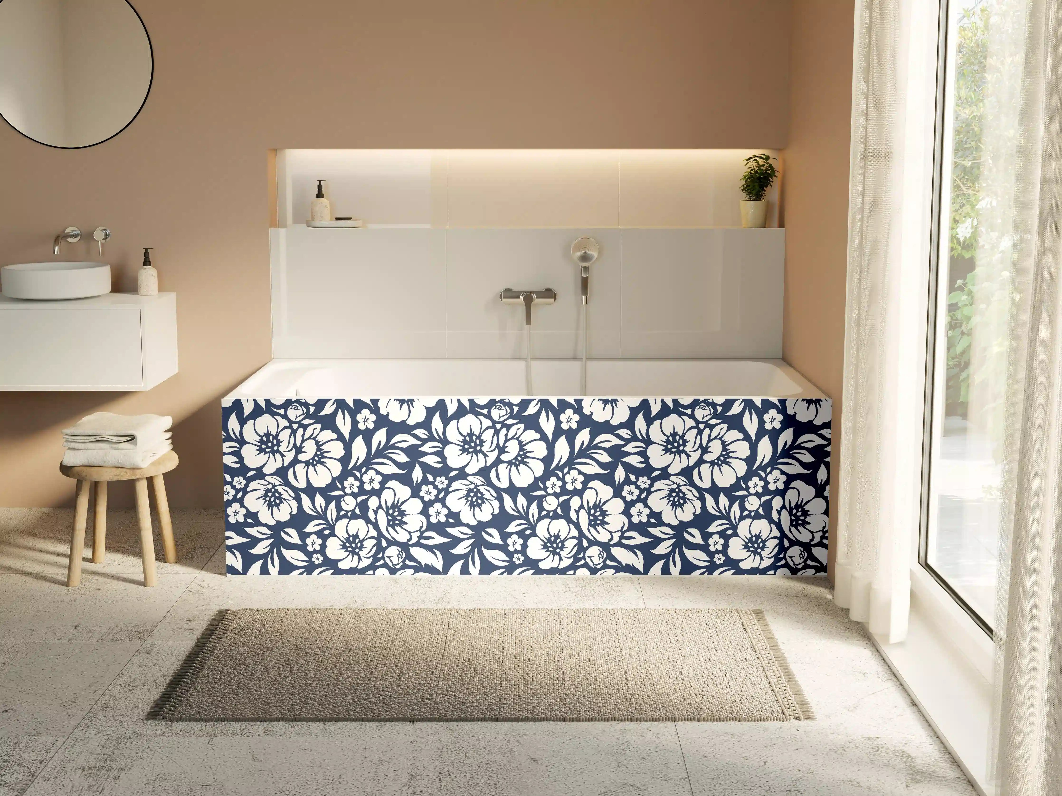 Badewannen-Rückwand - Dunkelblaue Blumen mit Grauweißem Muster