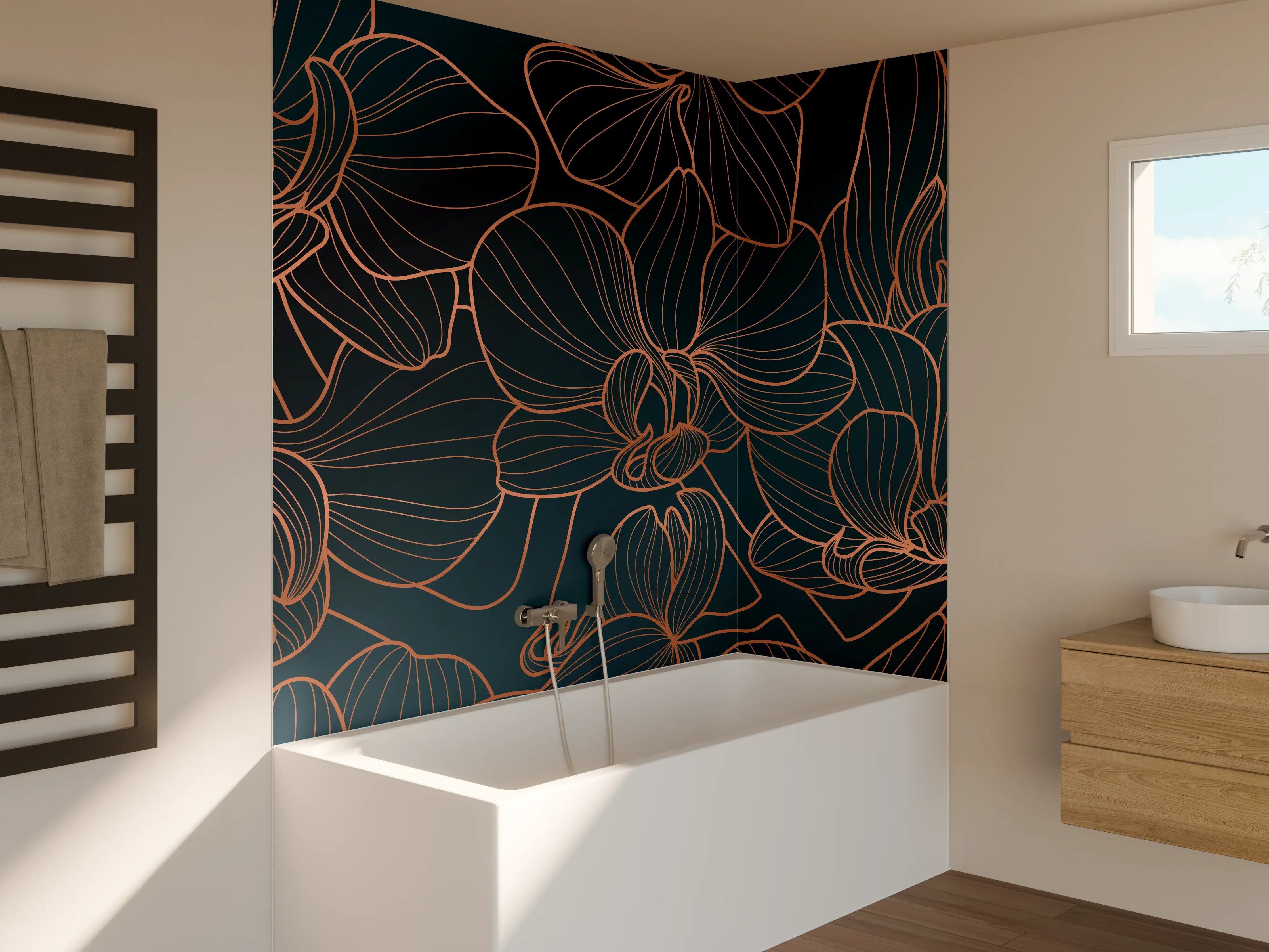 Badewannen-Rückwand - Dunkelblaue Floral Linien Kunst