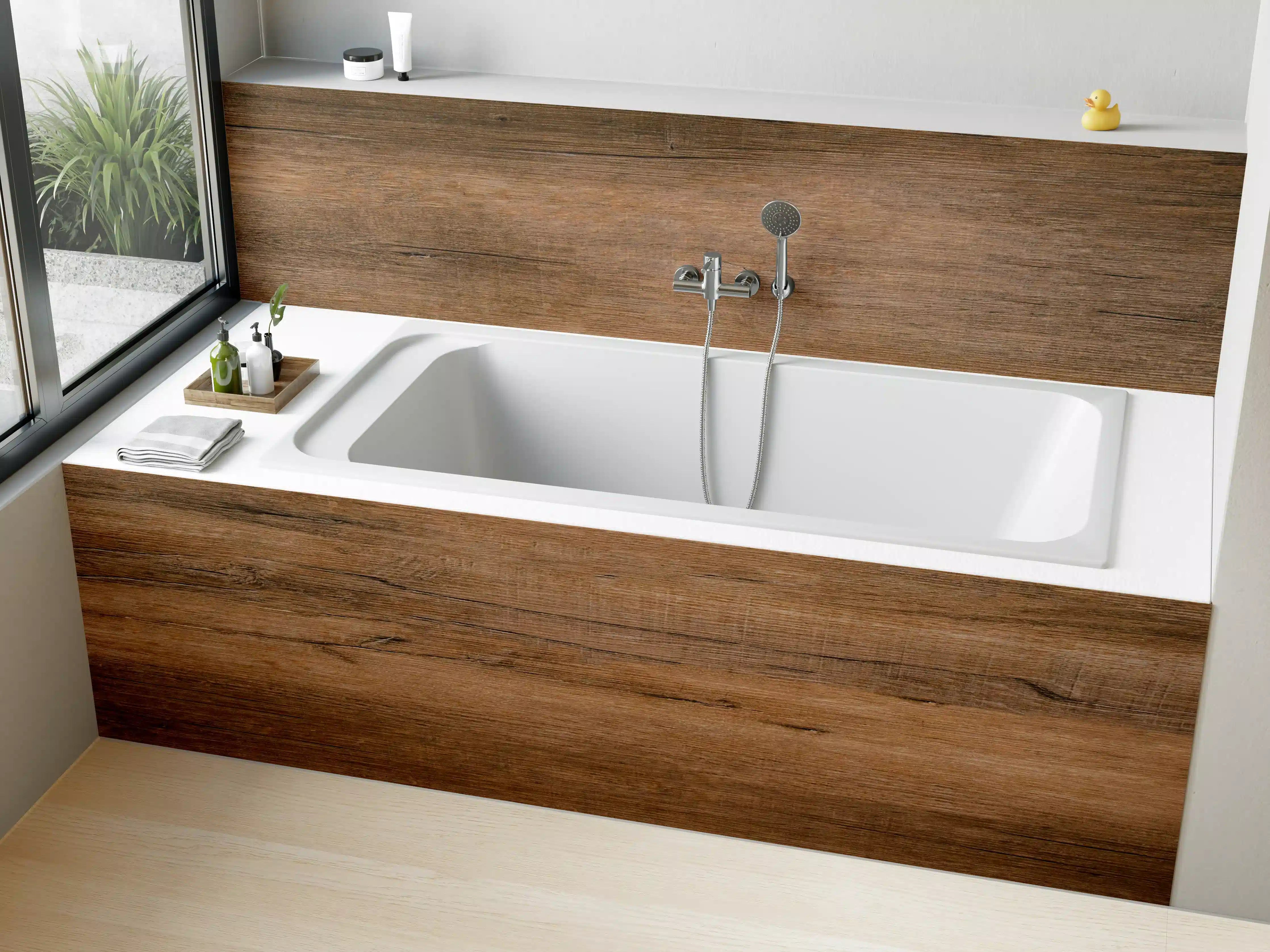 Badewannen-Rückwand - Dunkelbraune Holzplatte