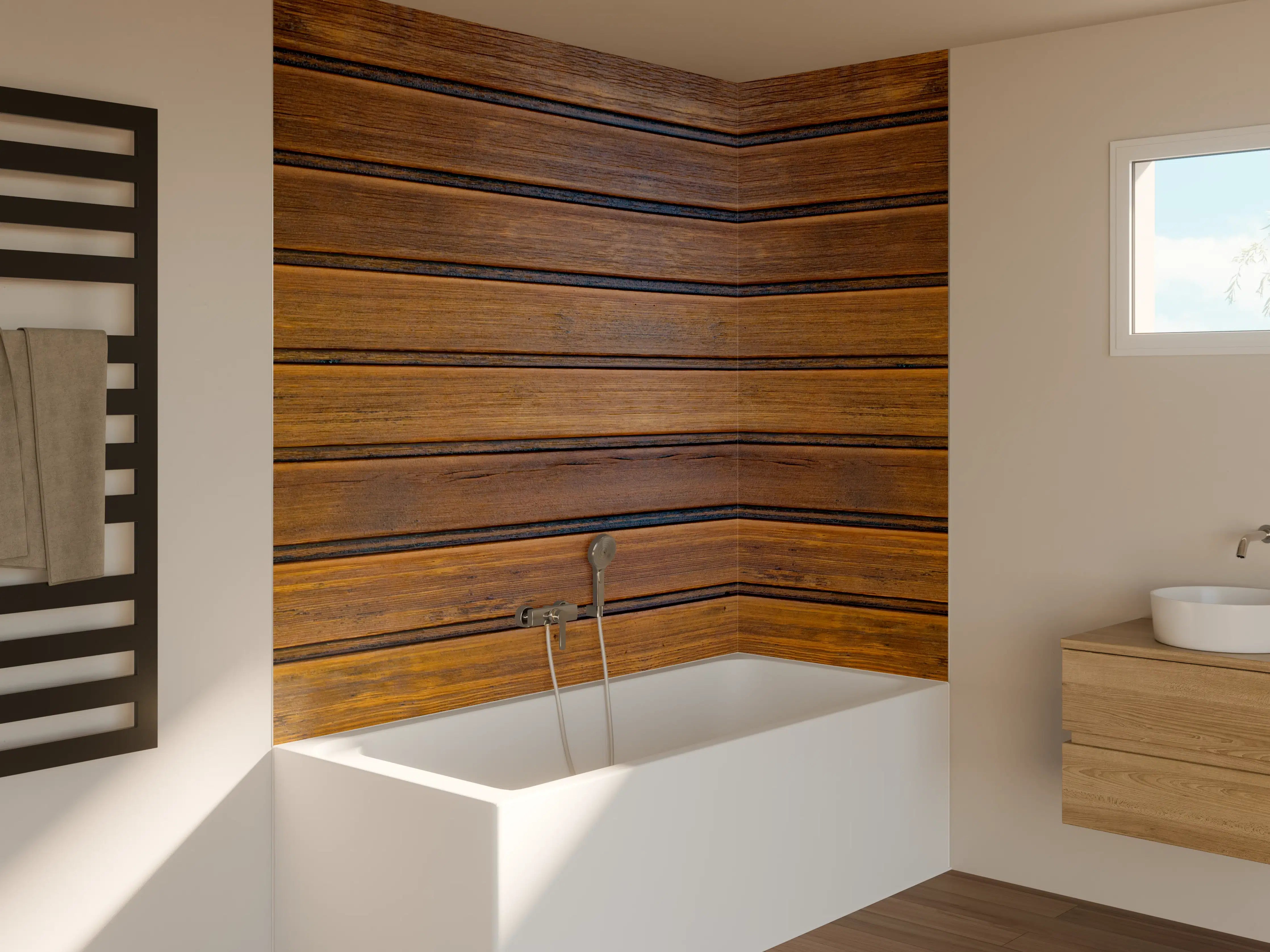 Badewannen-Rückwand - Dunkelbraune glänzende Holztextur