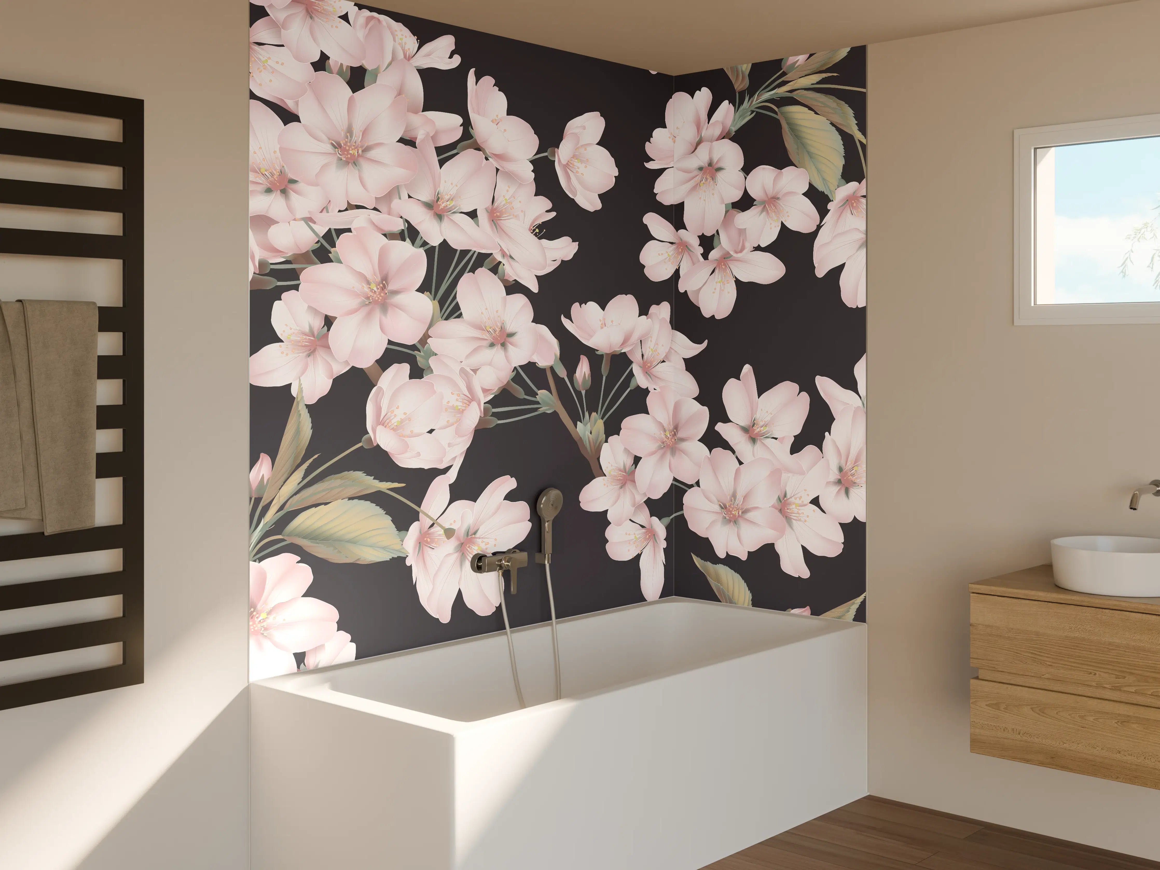Badewannen-Rückwand - Dunkelgrau-Sakura-Musterdesign