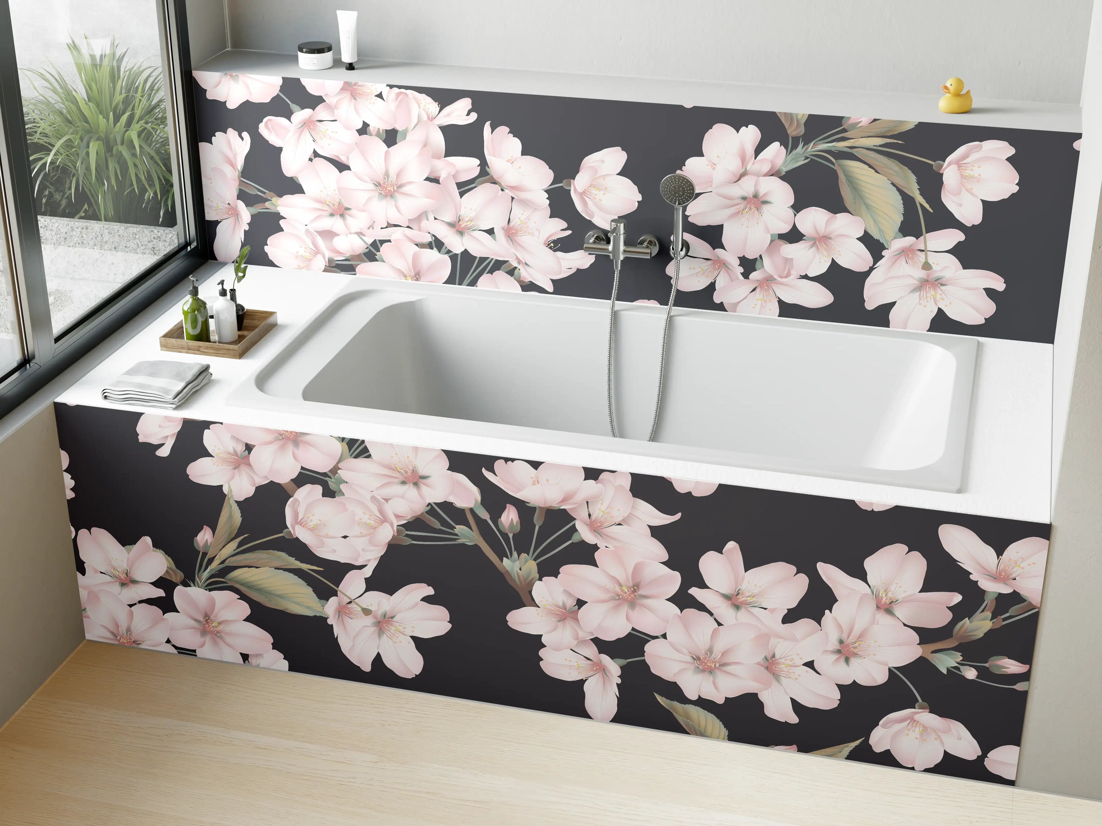 Badewannen-Rückwand - Dunkelgrau-Sakura-Musterdesign
