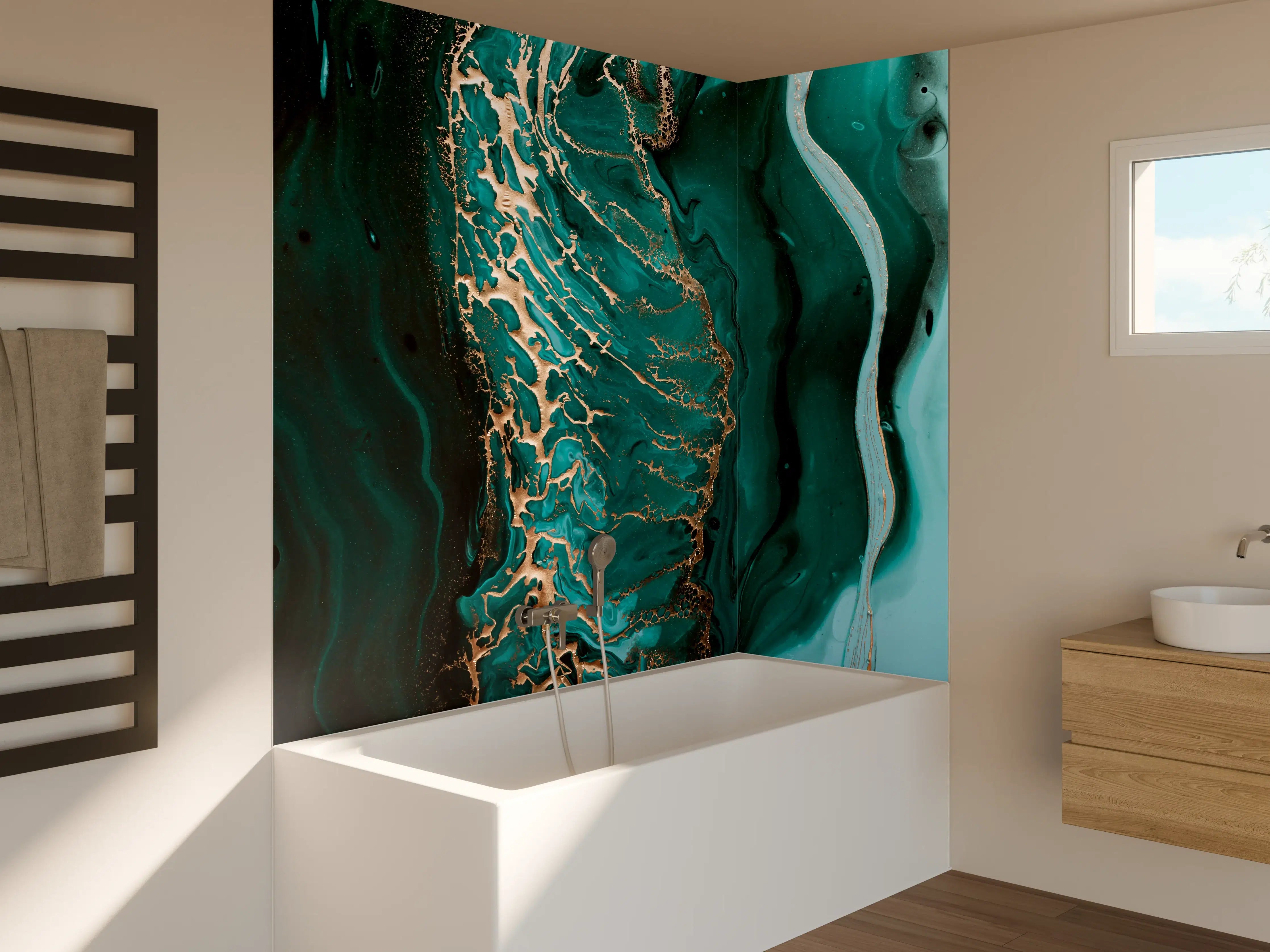 Badewannen-Rückwand - Dunkelgrün Goldene Meerestextur
