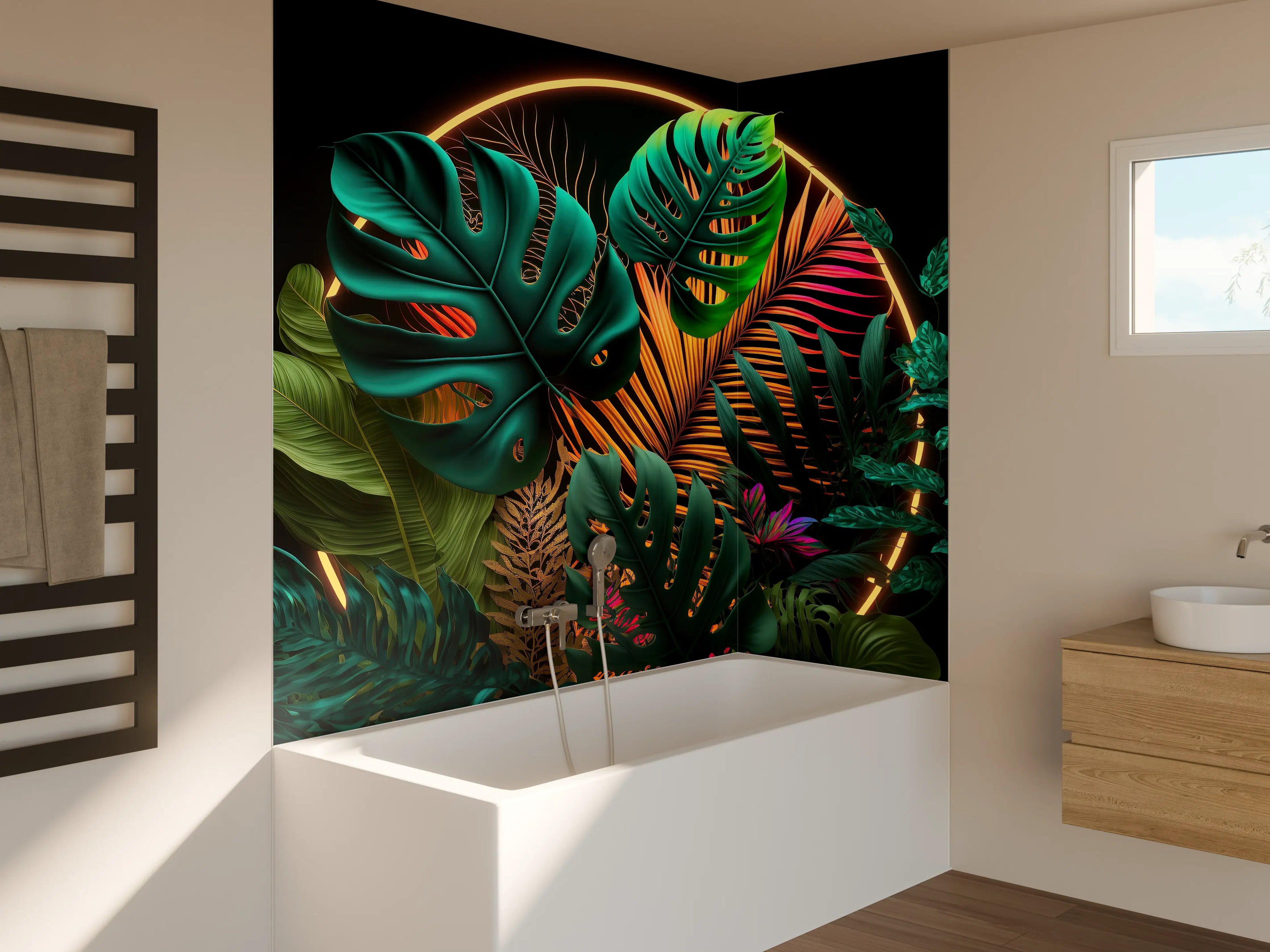 Badewannen-Rückwand - Dunkelgrüne tropische Blätter buntes Neonlicht