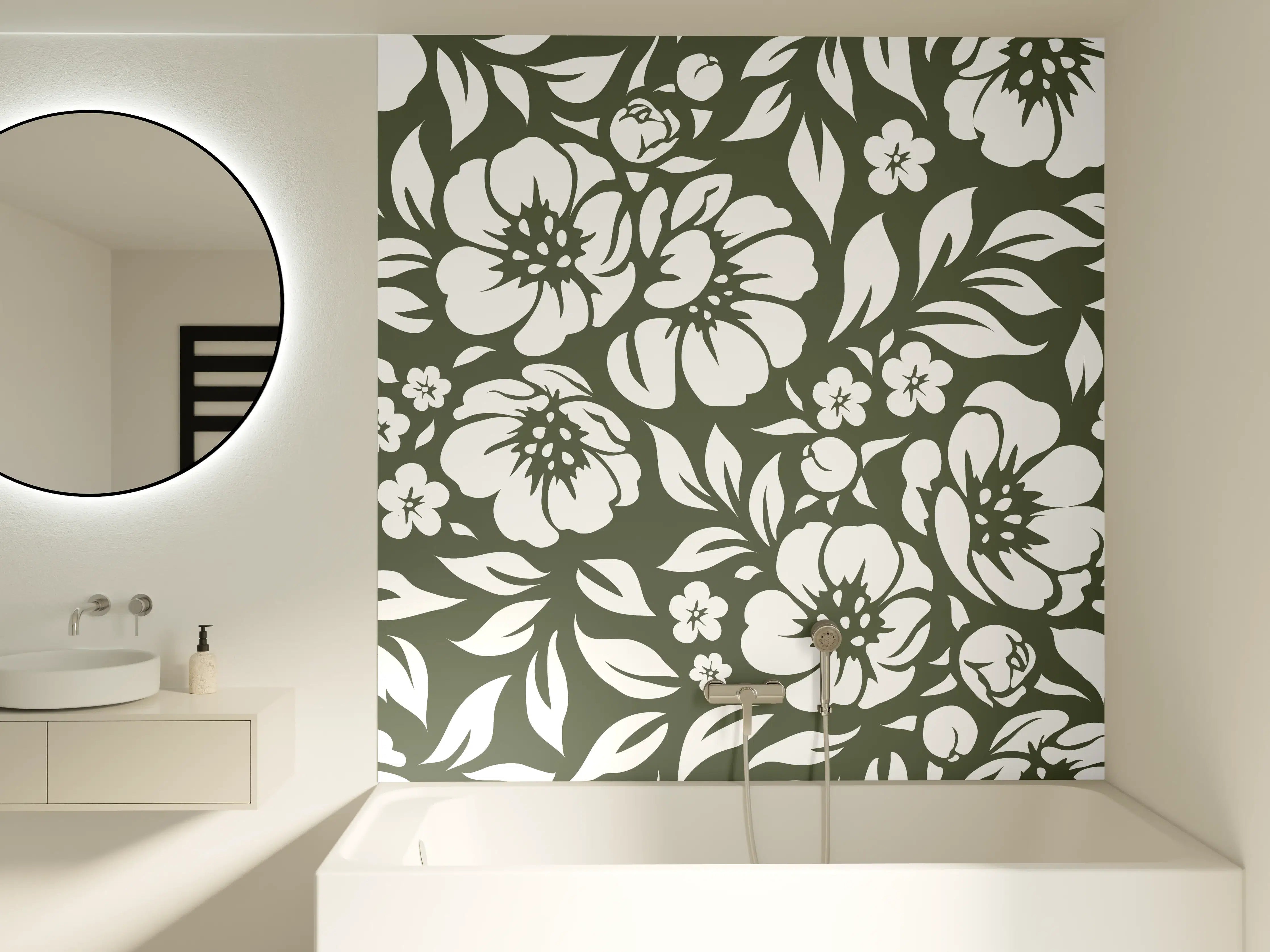 Badewannen-Rückwand - Dunkle Blumenmuster mit Weiß-auf-Schwarz-Kontrast