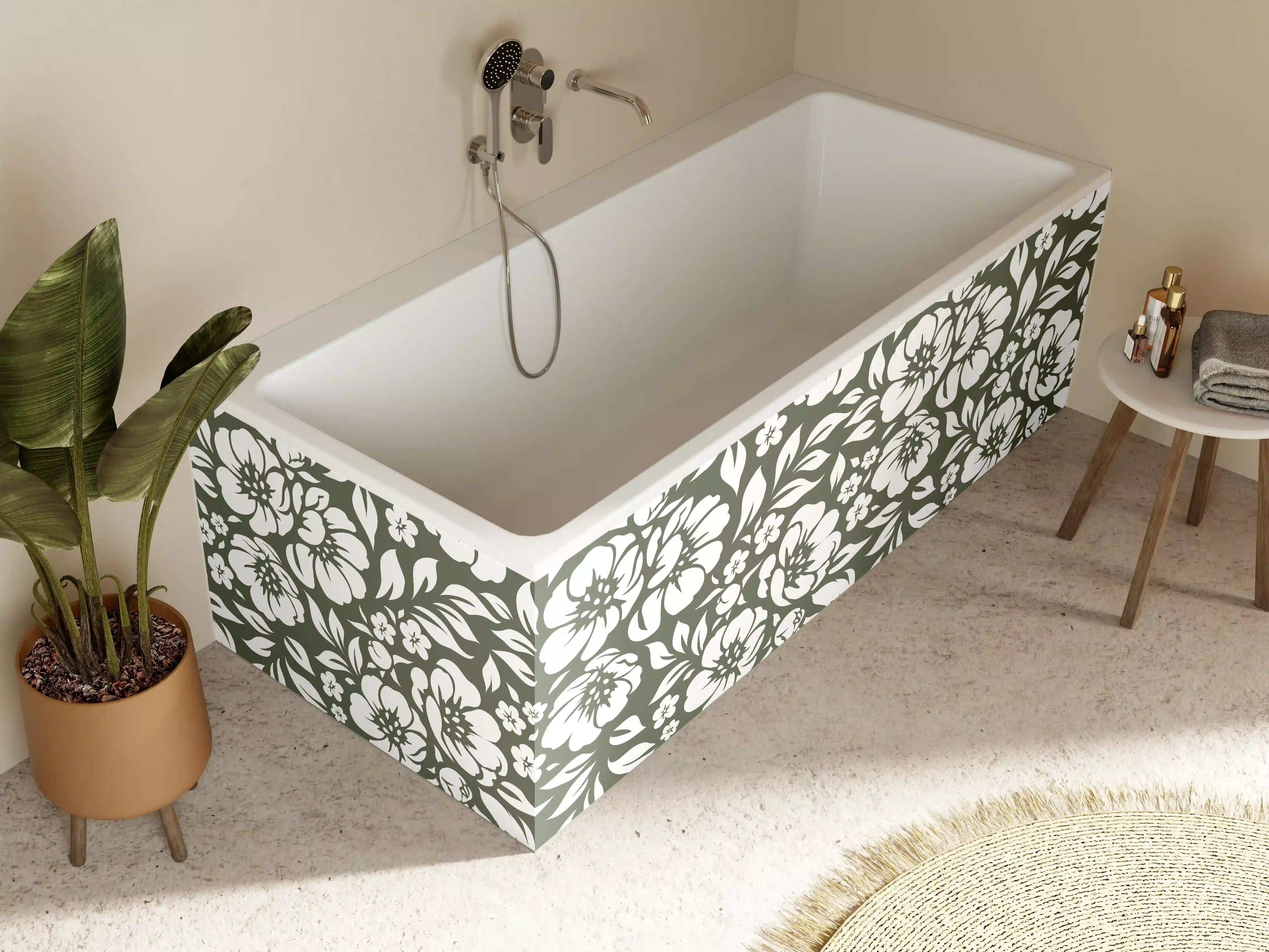 Badewannen-Rückwand - Dunkle Blumenmuster mit Weiß-auf-Schwarz-Kontrast