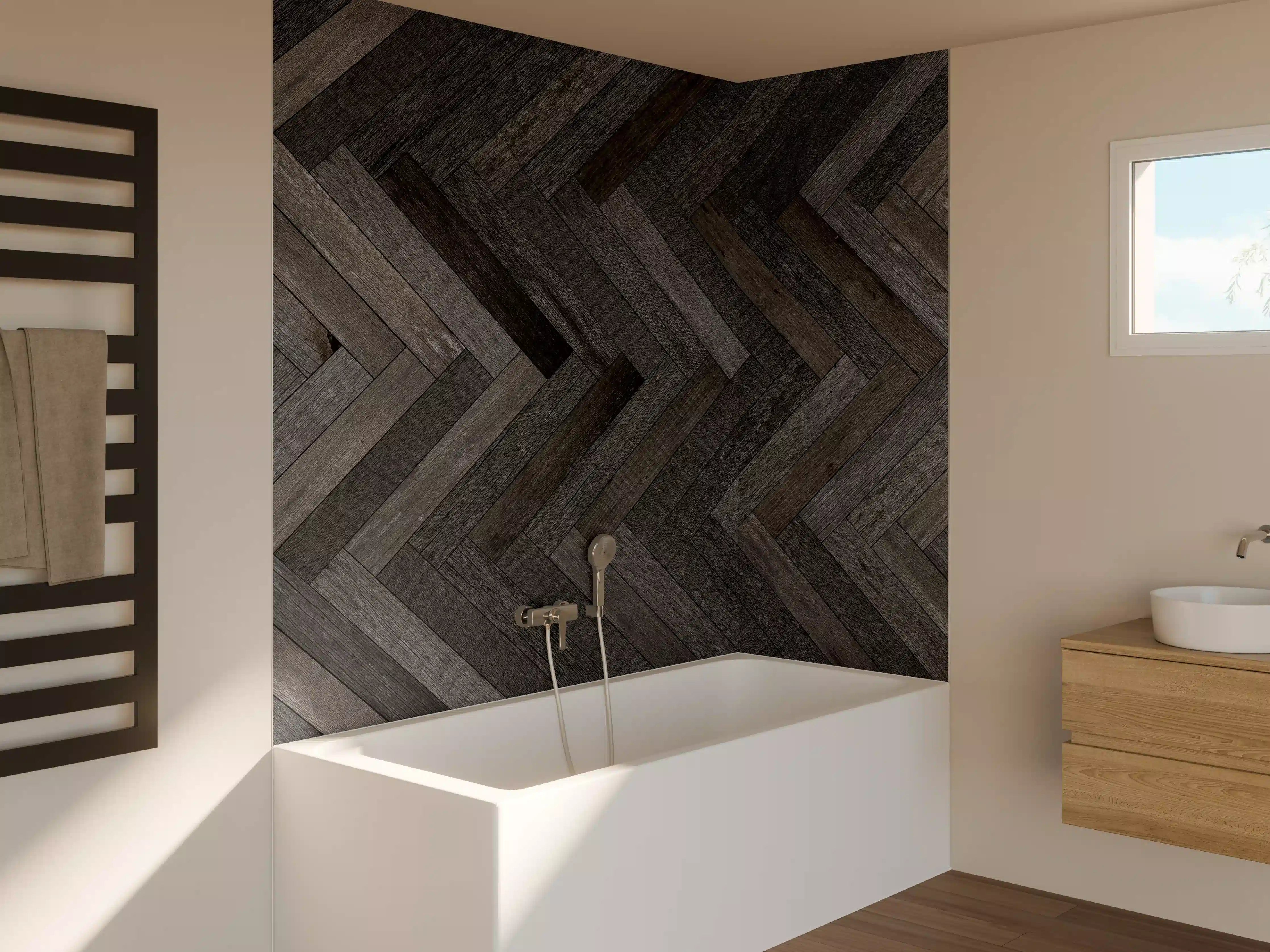 Badewannen-Rückwand - Dunkle Herringbone-Holzoptik