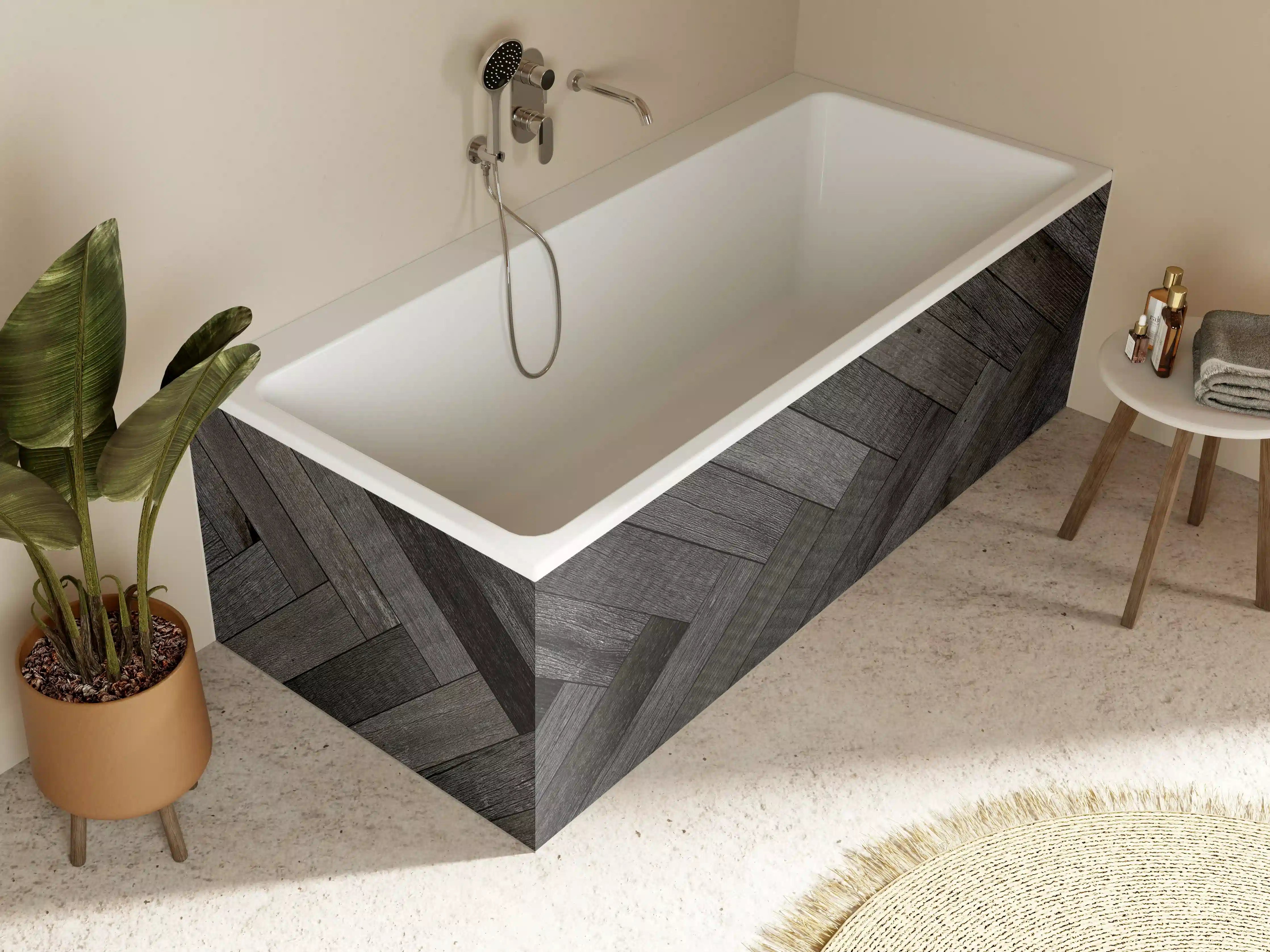 Badewannen-Rückwand - Dunkle Herringbone-Holzoptik