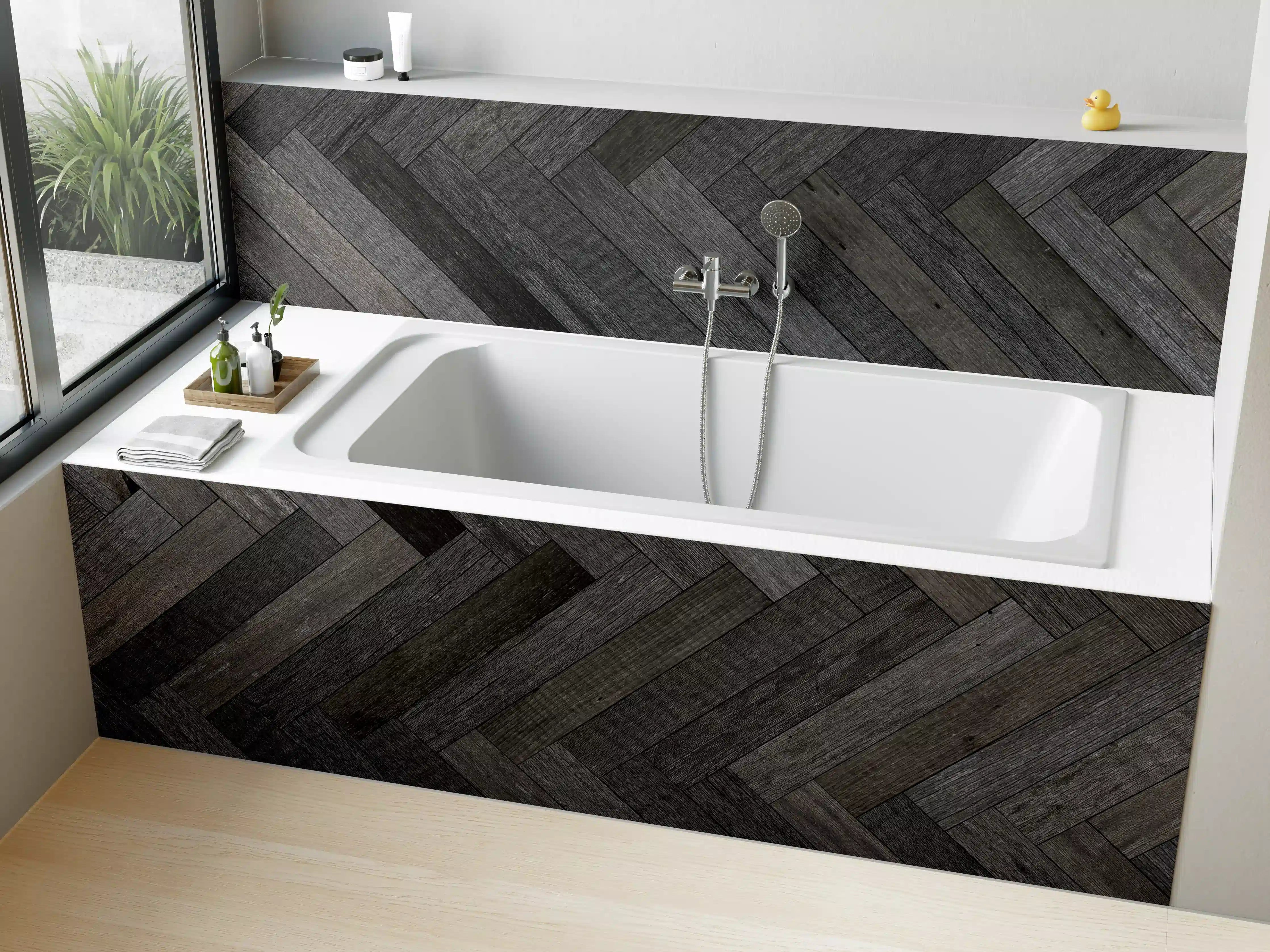 Badewannen-Rückwand - Dunkle Herringbone-Holzoptik