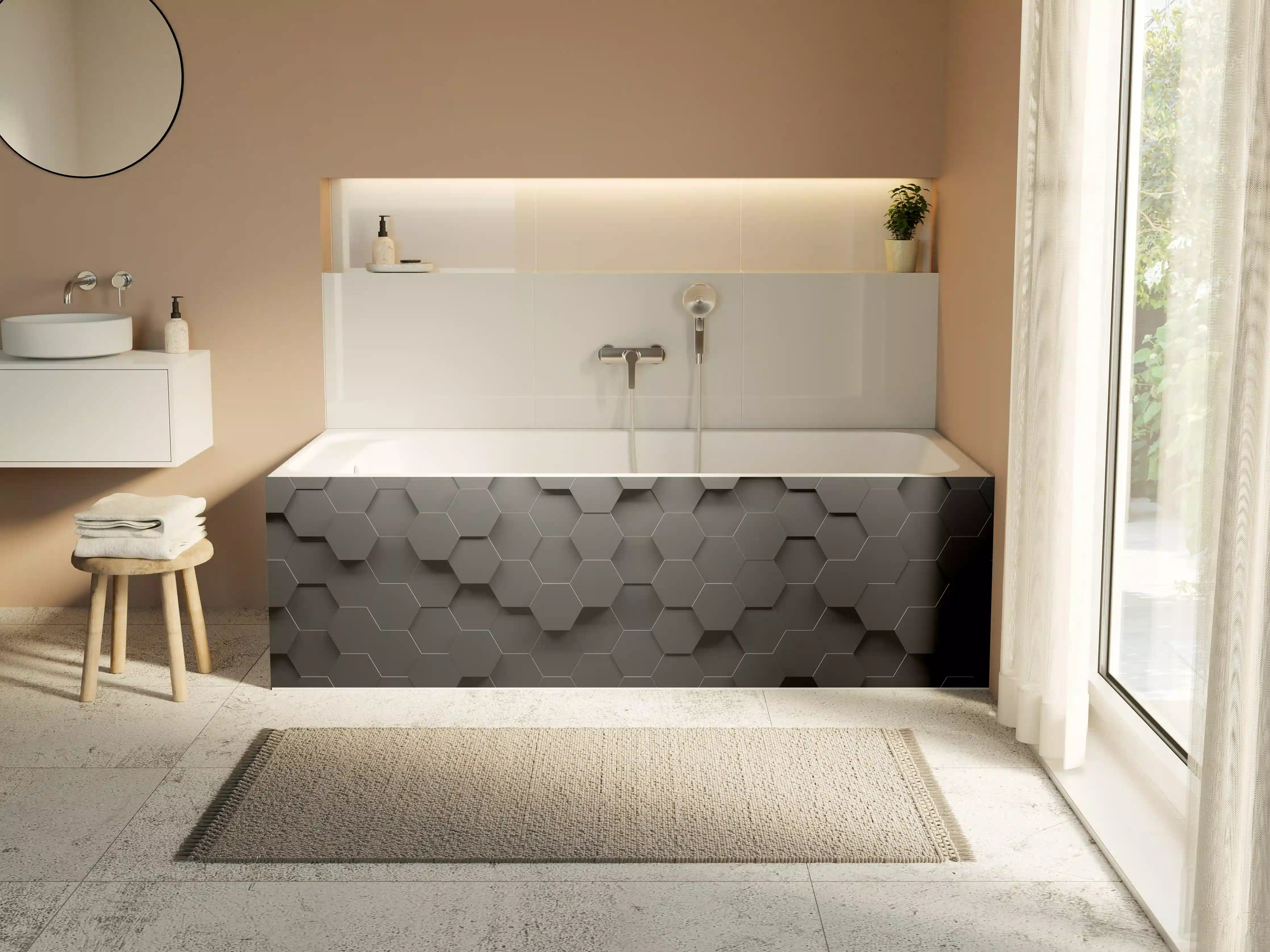 Badewannen-Rückwand - Dunkle Hexagon-Musterwand mit 3D-Effekt