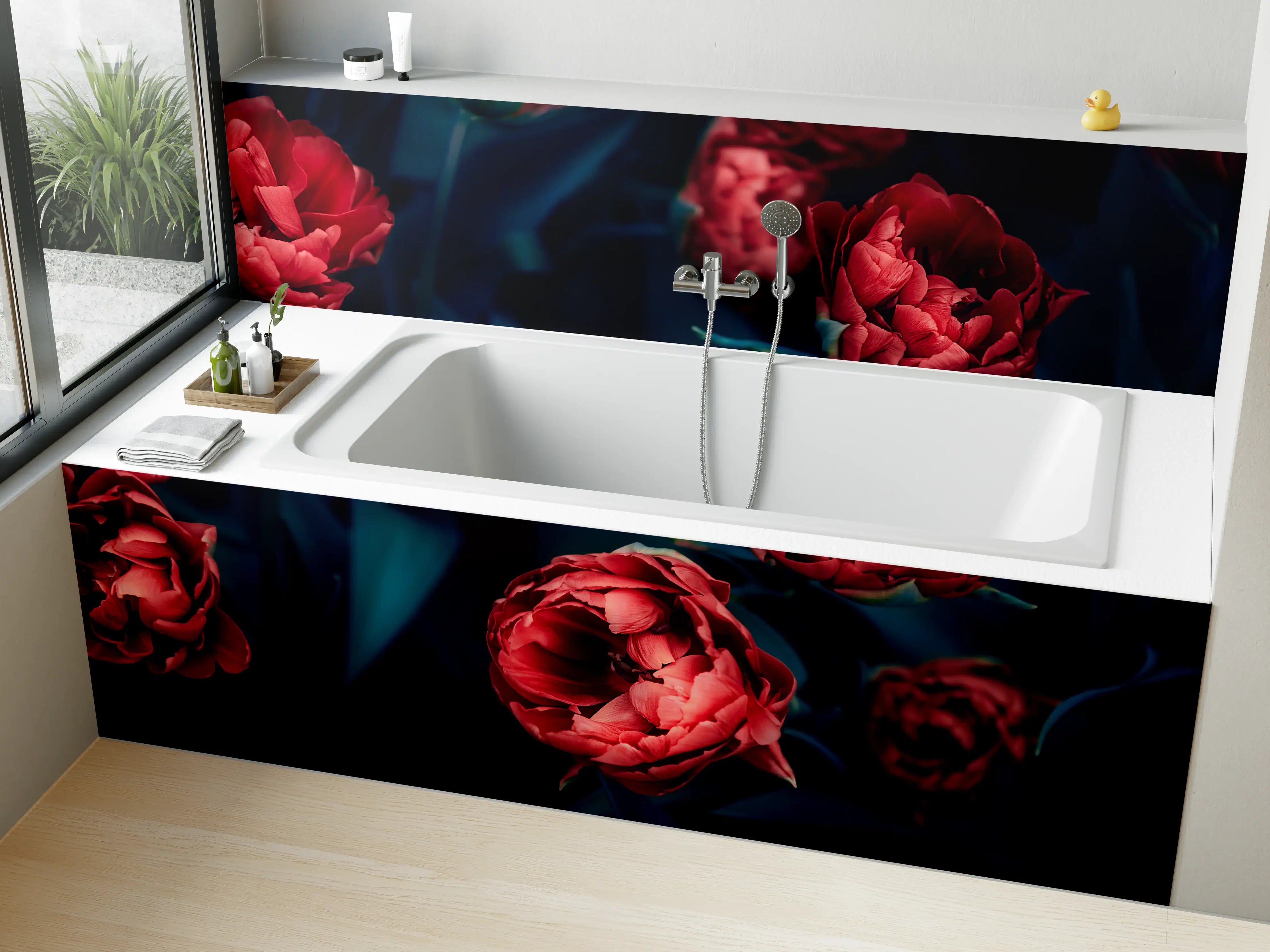 Badewannen-Rückwand - Dunkle Rosen in tiefem Blau und Rot