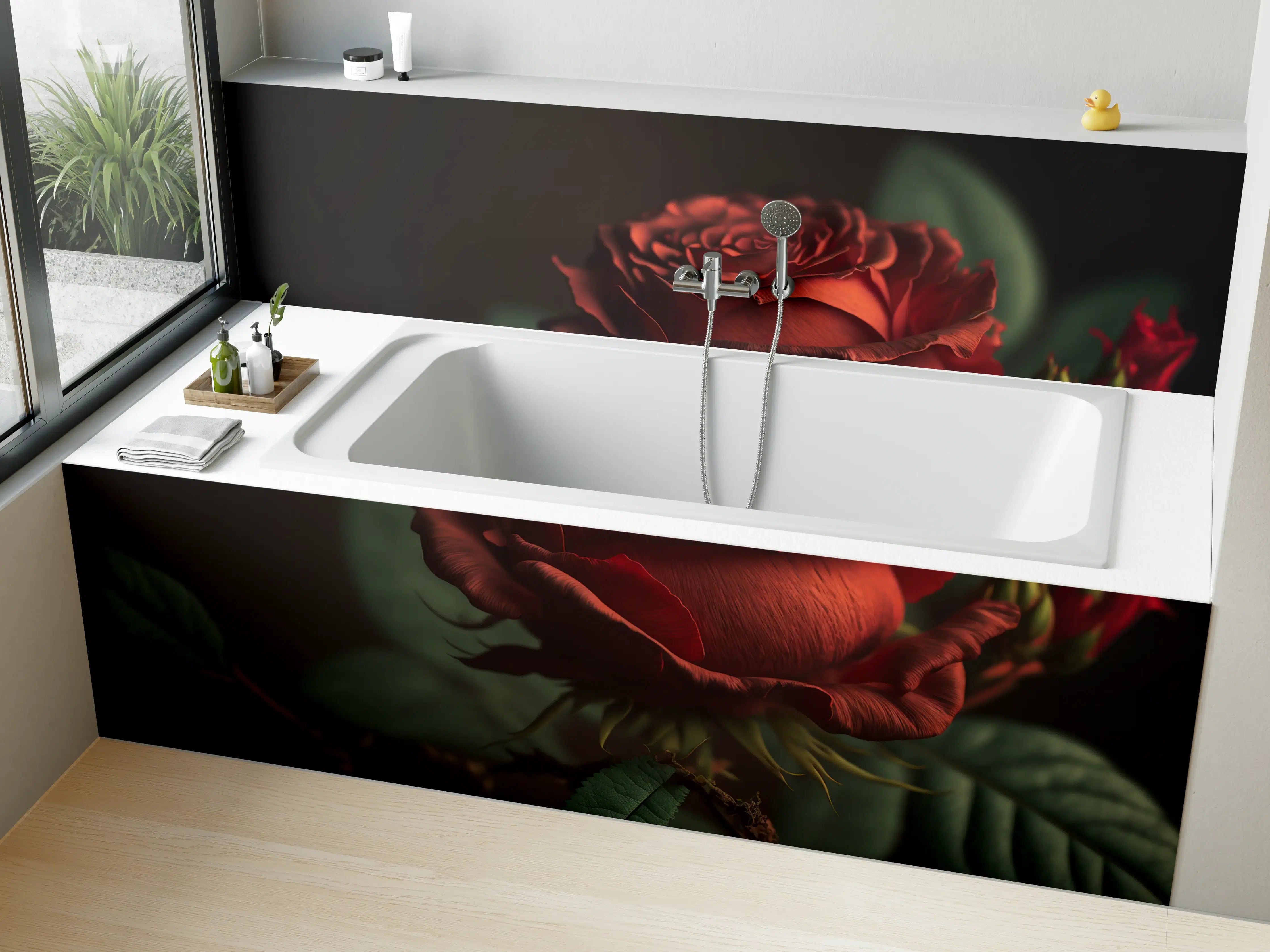 Badewannen-Rückwand - Dunkle Rotblühende Rose