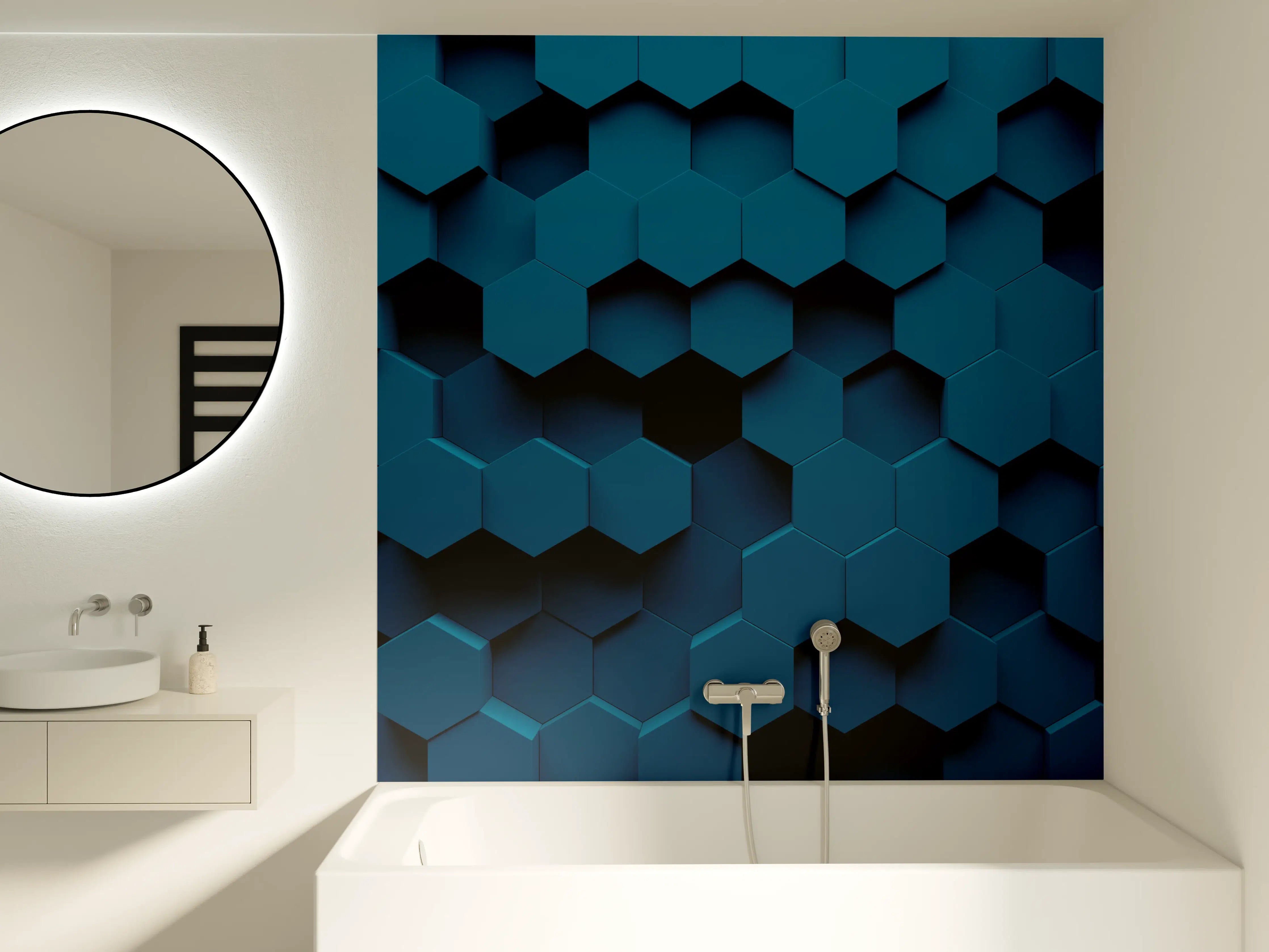 Badewannen-Rückwand - Dunkle blaue 3D-Hexagon-Wandgestaltung
