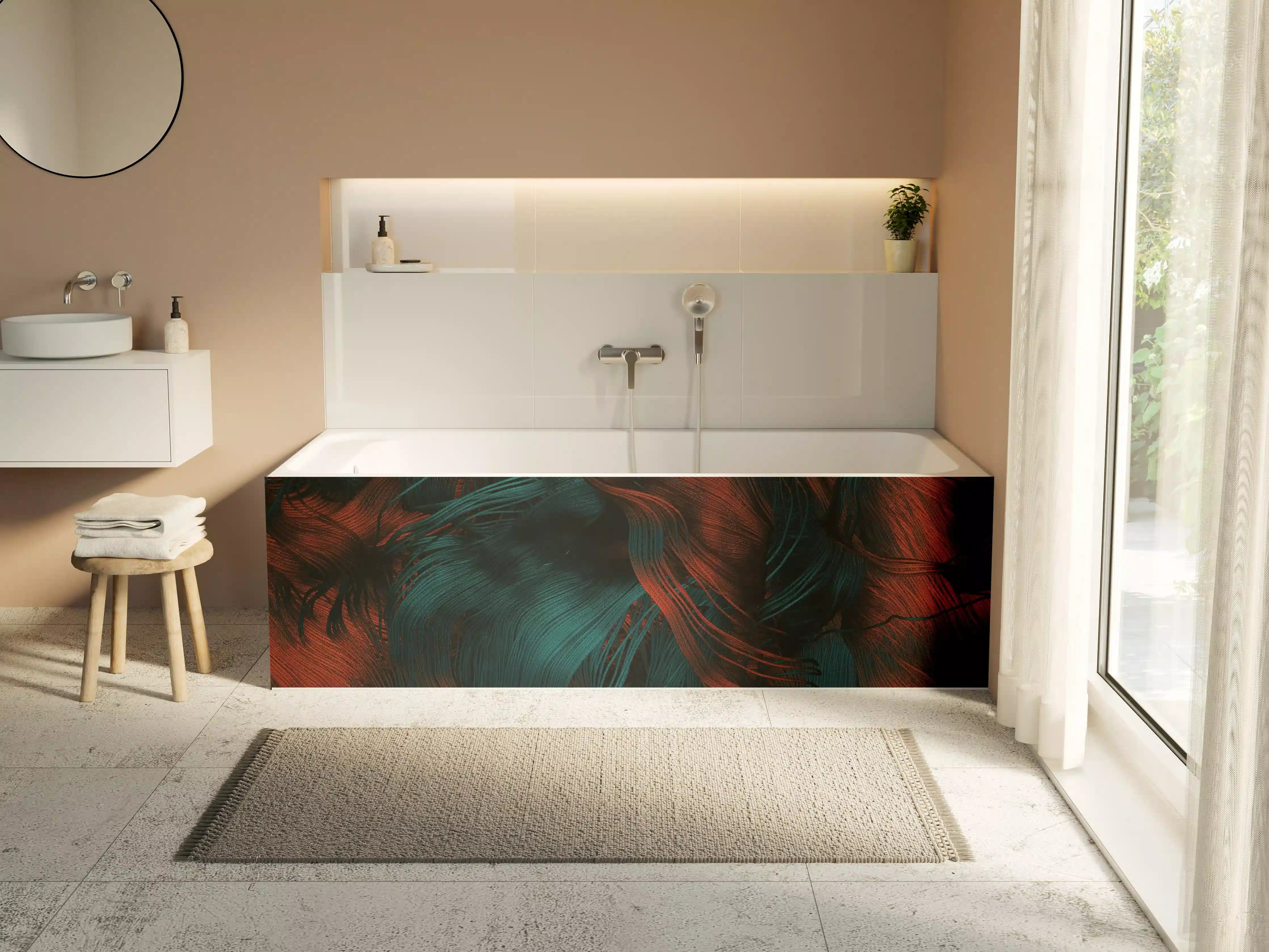 Badewannen-Rückwand - Dunkle, detailreiche Textur mit roten und grünen Akzenten